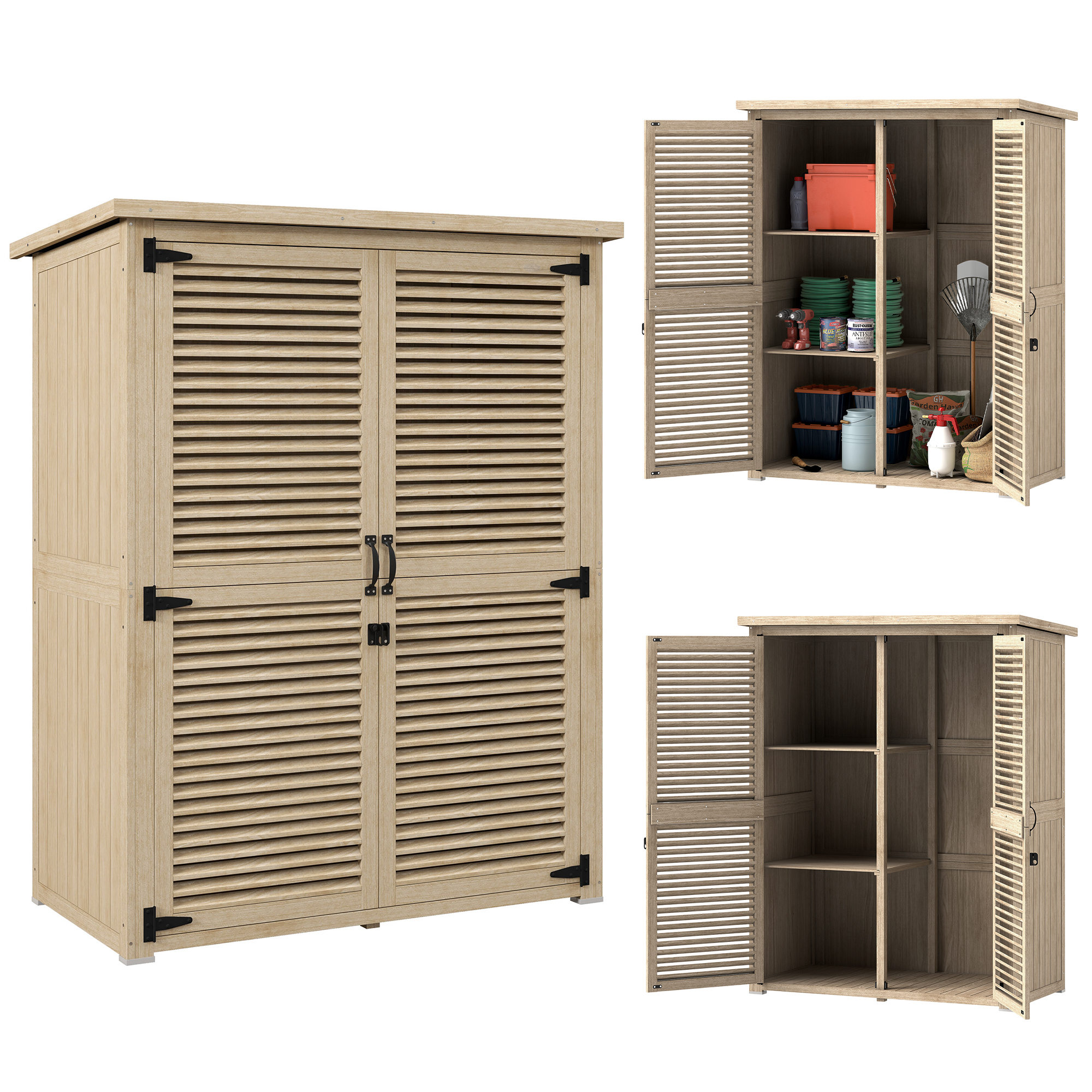 Capanno di stoccaggio in legno con porte aperte. All'interno ci sono ripiani con attrezzi e forniture. Il capanno ha un design a doghe.