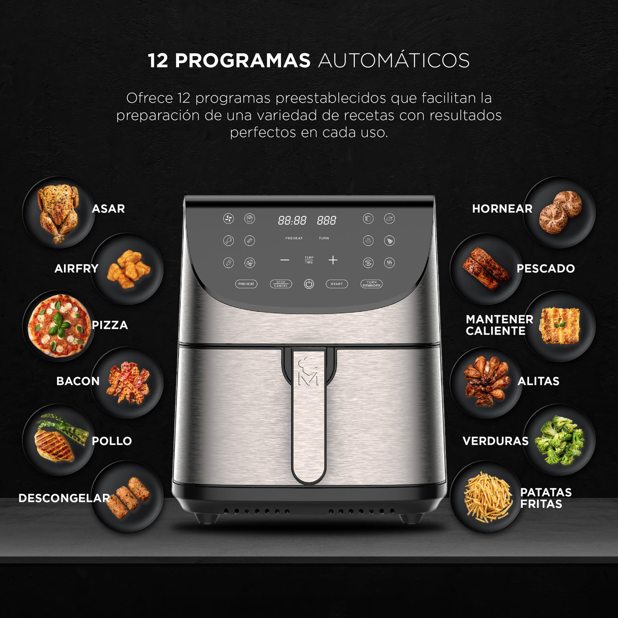 Una freidora de aire con 12 programas automáticos. Imágenes de comida como pollo, pizza y patatas fritas rodean el aparato.