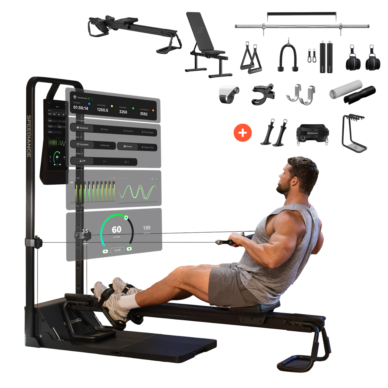 Ein Mann rudert an einer Maschine, mit verschiedenen Fitnessgeräten und einem digitalen Display mit Leistungskennzahlen.