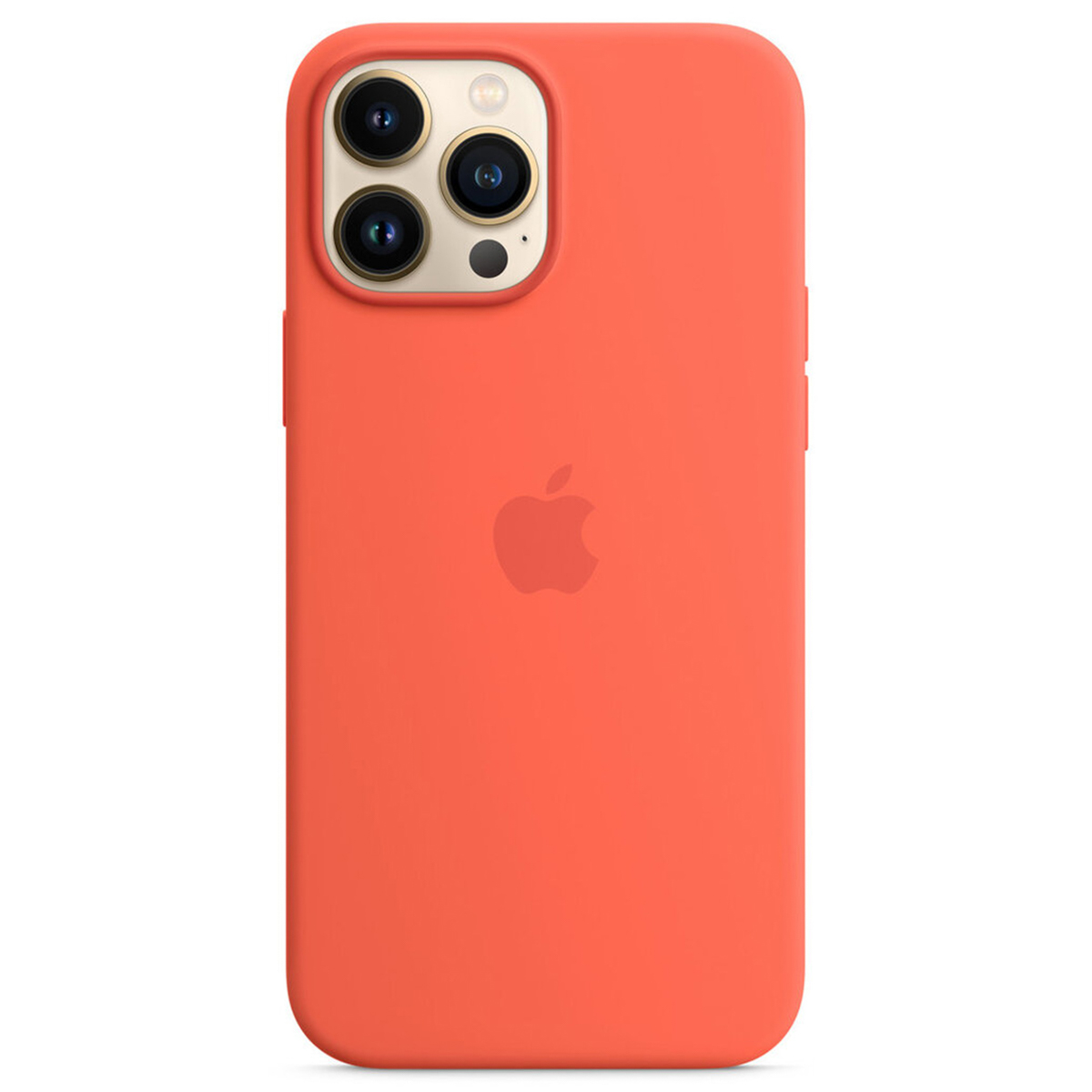Een oranje iPhone-hoesje met het Apple-logo. De case heeft drie cameralenzen. De achtergrond is wit.