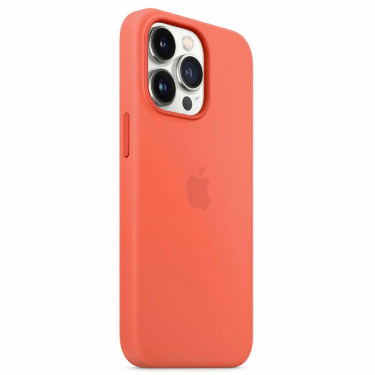 Een oranje iPhone-hoesje met het Apple-logo. De case heeft een uitsparing voor de camera en een volumeknop.