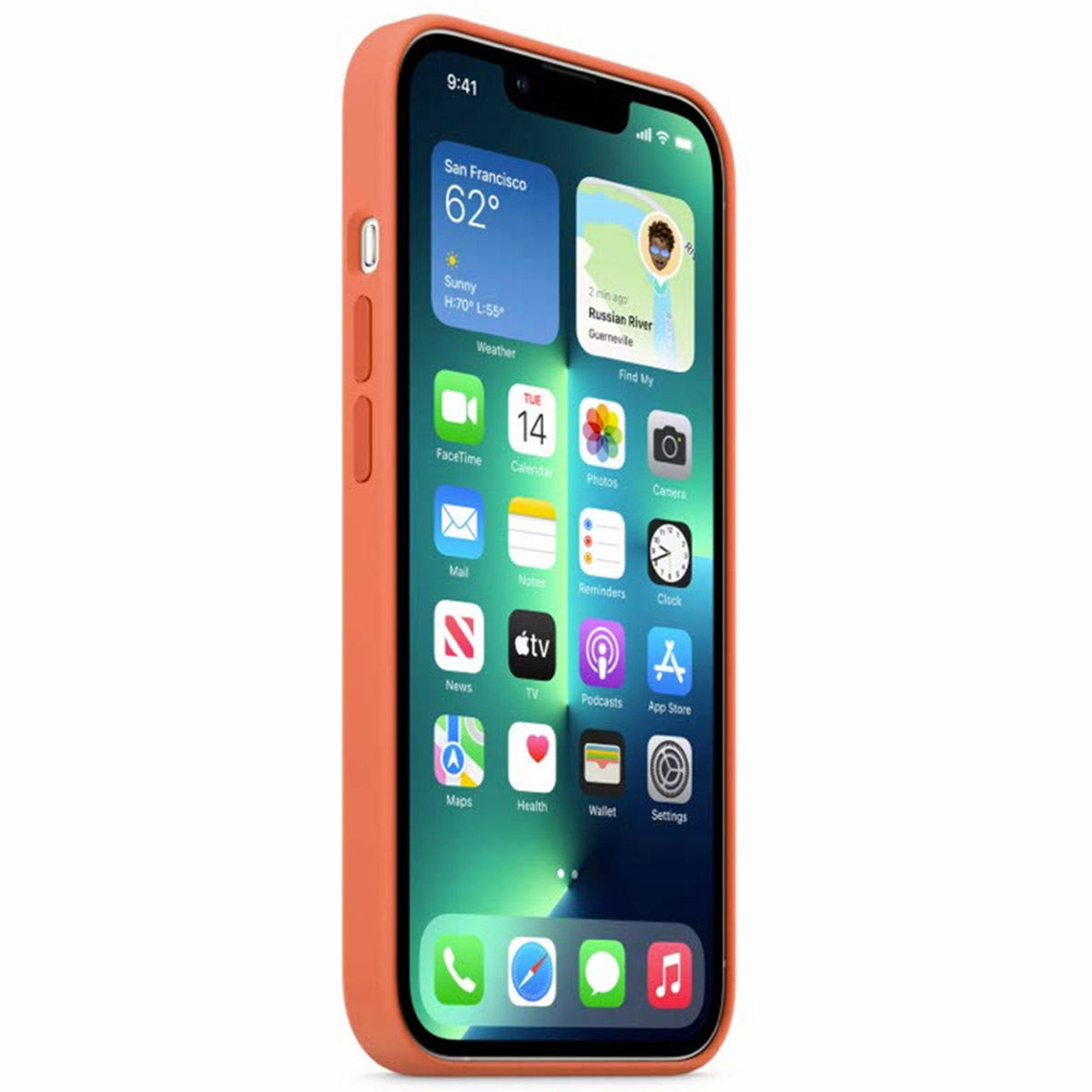 Een iPhone met een oranje hoesje. Het scherm toont het startscherm met app-iconen en widgets met weer- en locatie-informatie.
