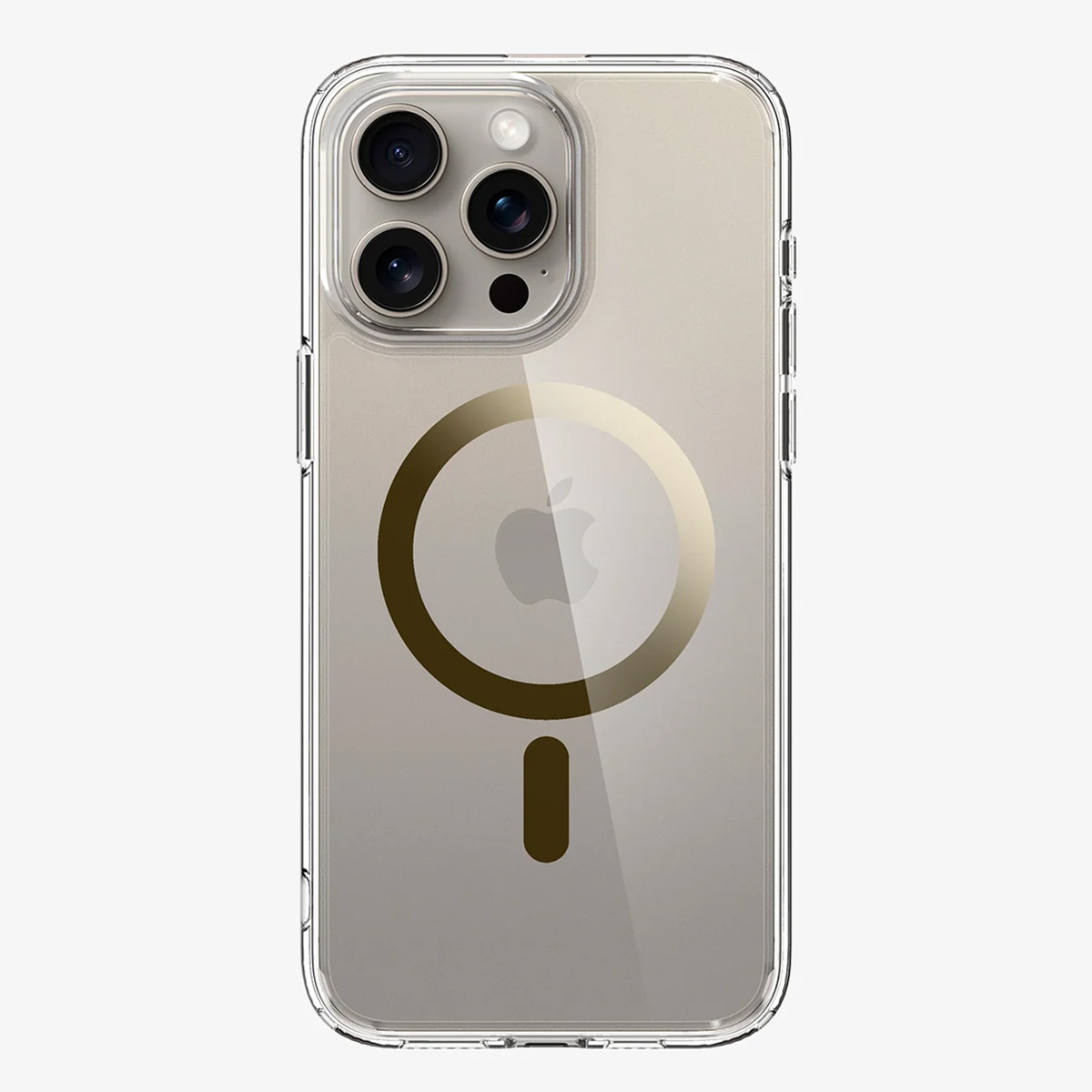 Une coque transparente pour iPhone. Le téléphone a trois caméras. Il y a un cercle doré et une ligne, avec le logo Apple au dos du téléphone.