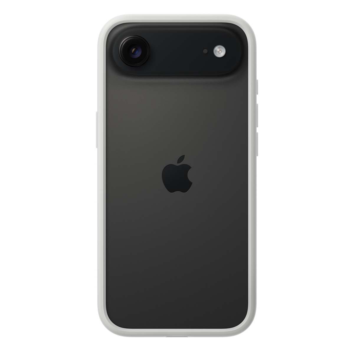 Parte trasera de un smartphone, negro con logo de Apple, marco blanco y sección de cámara negra con dos lentes. Aislado sobre blanco.