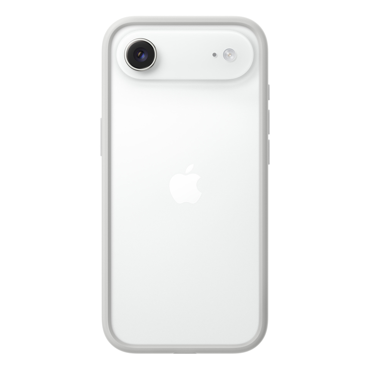 Parte trasera de un iPhone SE blanco. Tiene cámara y flash. Logotipo de Apple visible. Una funda gris claro rodea el teléfono.