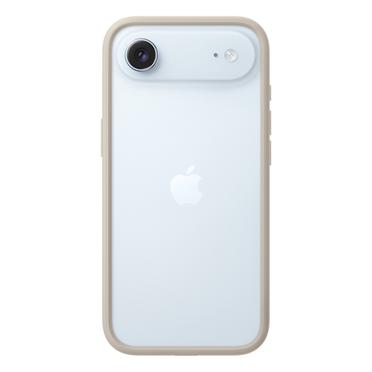 Parte trasera de un smartphone con superficie azul claro y marco beige. Tiene una cámara y el logo de Apple.
