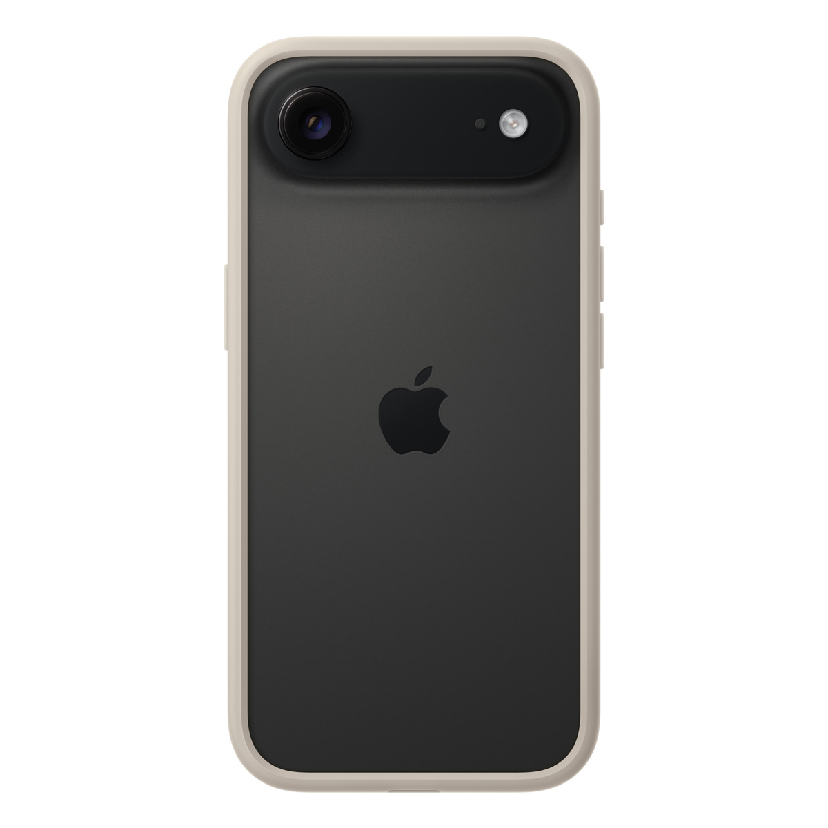 Smartphone con funda, vista trasera. Zona de cámara negra, trasera negra con logo Apple y funda beige.