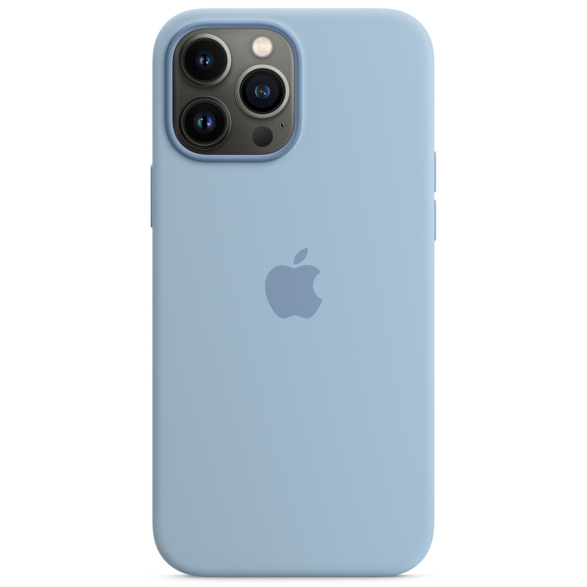 Una custodia per iPhone blu chiaro con fotocamera a tripla lente e logo Apple.