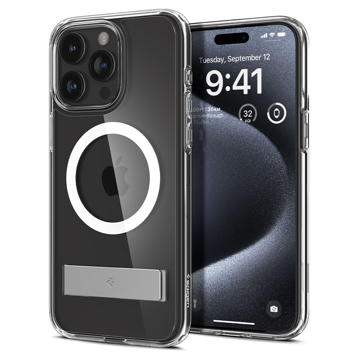 Coque iPhone transparente avec béquille, affichant l'écran à 9h41, anneau MagSafe blanc et logo Apple.