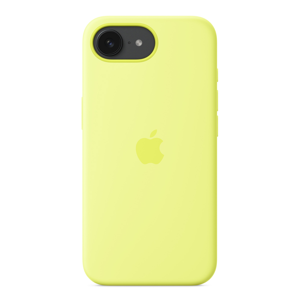 Un iPhone SE amarillo en una funda. Tiene una cámara y un flash en la parte superior, y el logotipo de Apple en el medio.