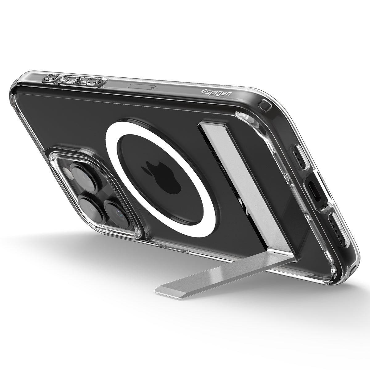 Une coque de téléphone transparente avec un support argenté, présentant les lentilles de l'appareil photo et le logo Apple. La coque est sur fond blanc.