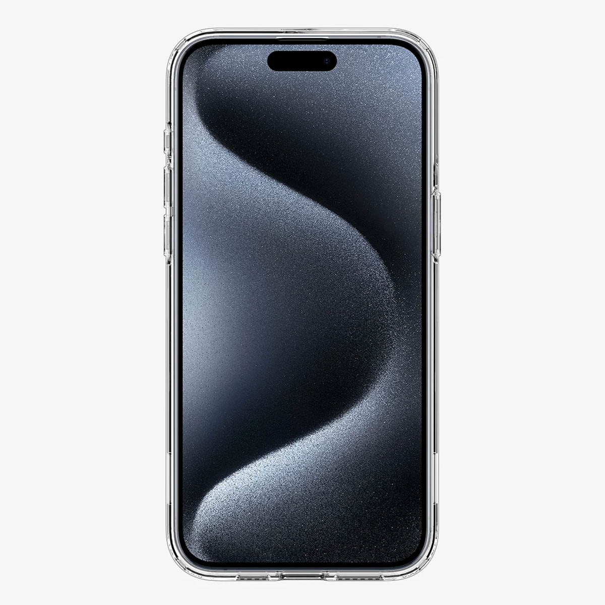 Un smartphone dans une coque transparente. L'écran affiche un motif sombre et ondulé. Le téléphone est centré sur un fond blanc.