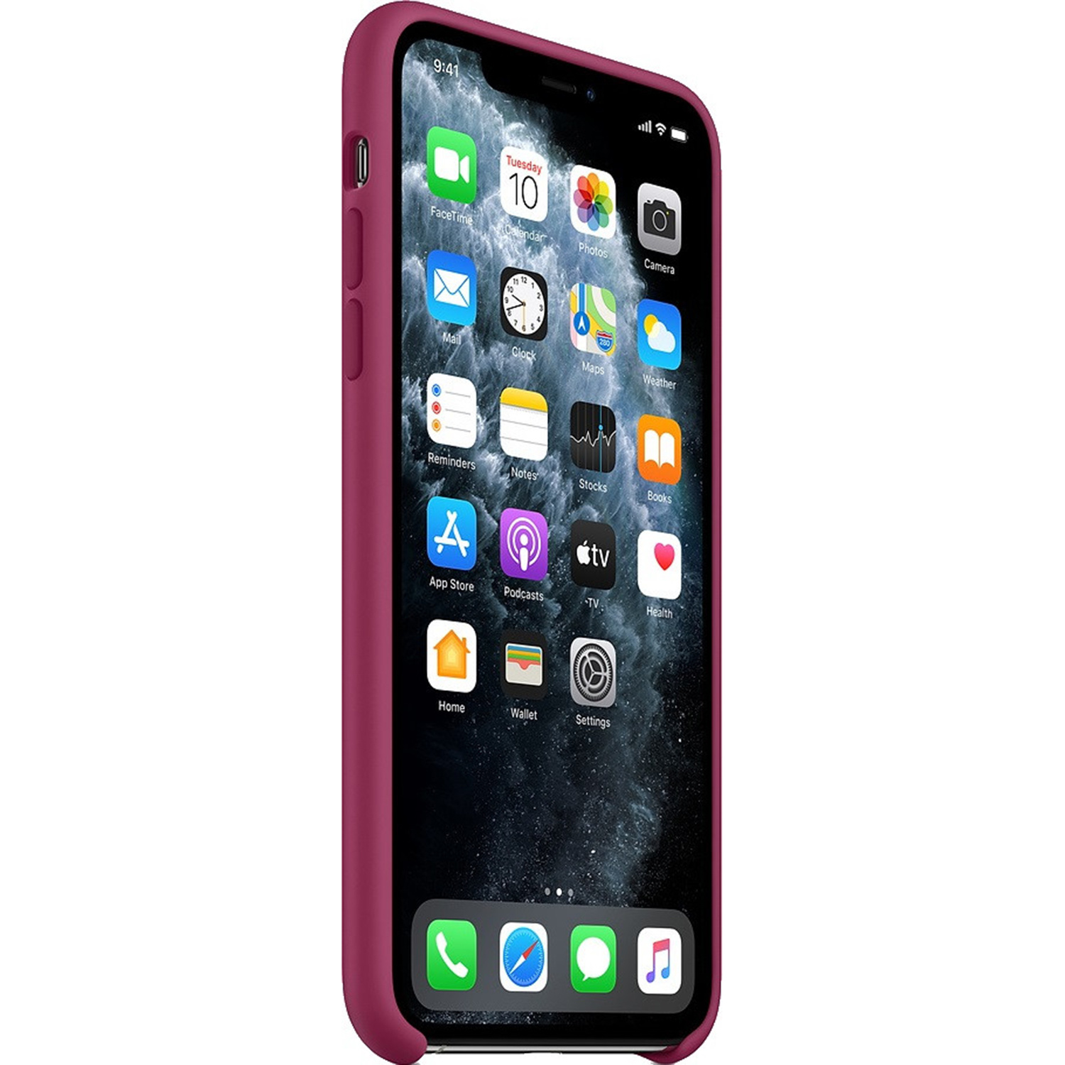 Een iPhone met een bordeauxrode hoes toont app-pictogrammen op het scherm. De datum is dinsdag 10. De tijd is 9:41.
