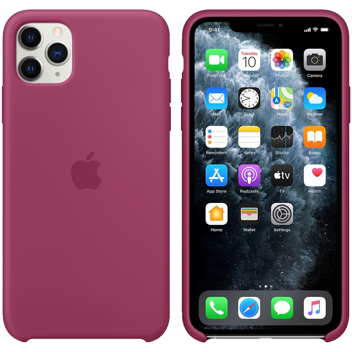 Een magenta iPhone in een bijpassende hoes. Het scherm toont app-iconen, waaronder FaceTime, Agenda en Camera.