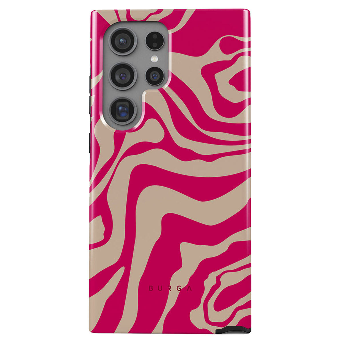 Een telefoonhoesje met een roze en beige wervelpatroon. Het heeft een cameragroep linksboven en de merknaam 'BURGA' onderaan.