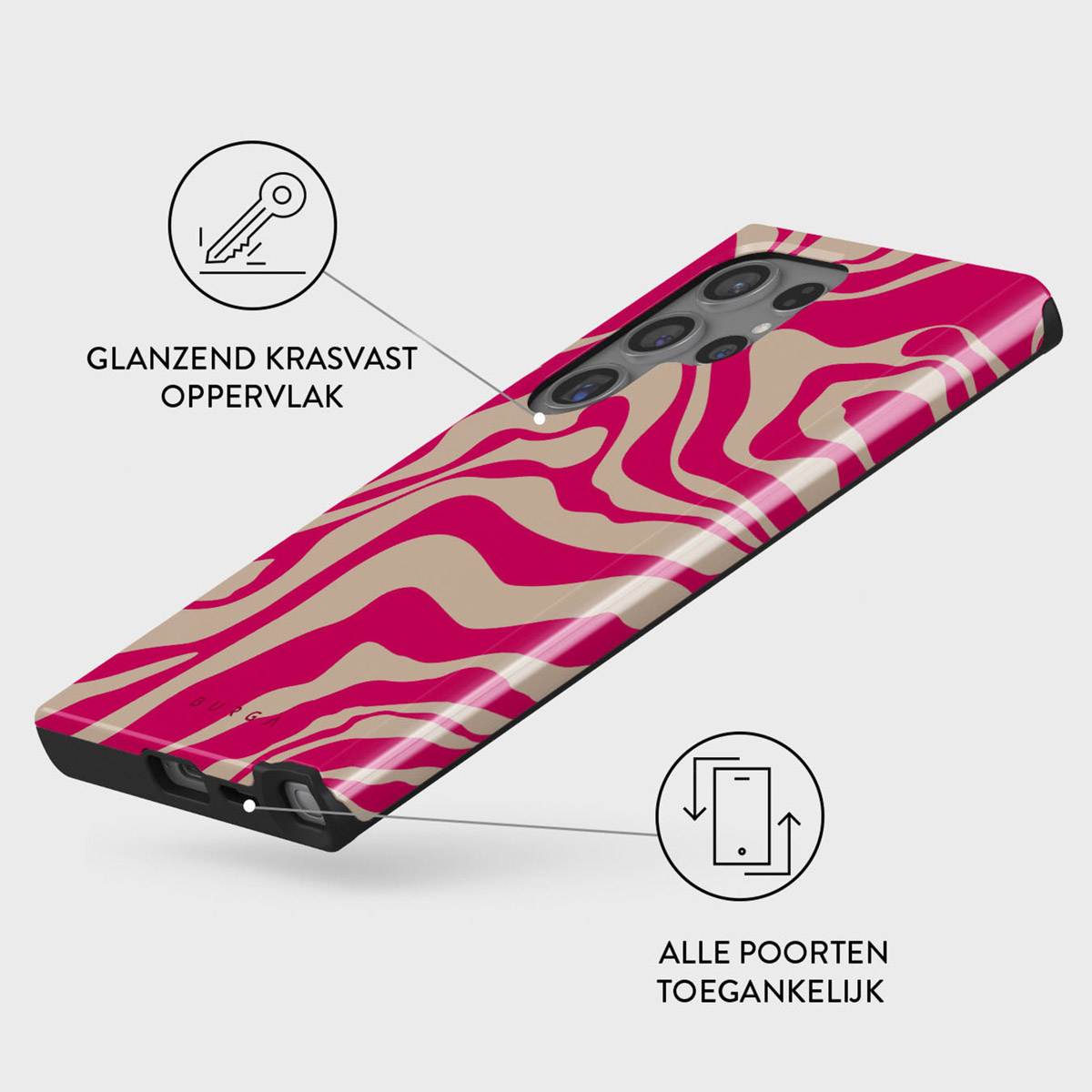 Een telefoonhoesje met een roze en tan zebra streepjespatroon. De tekst in het Nederlands luidt 'glanzend krasvast oppervlak' en 'alle poorten toegankelijk'.
