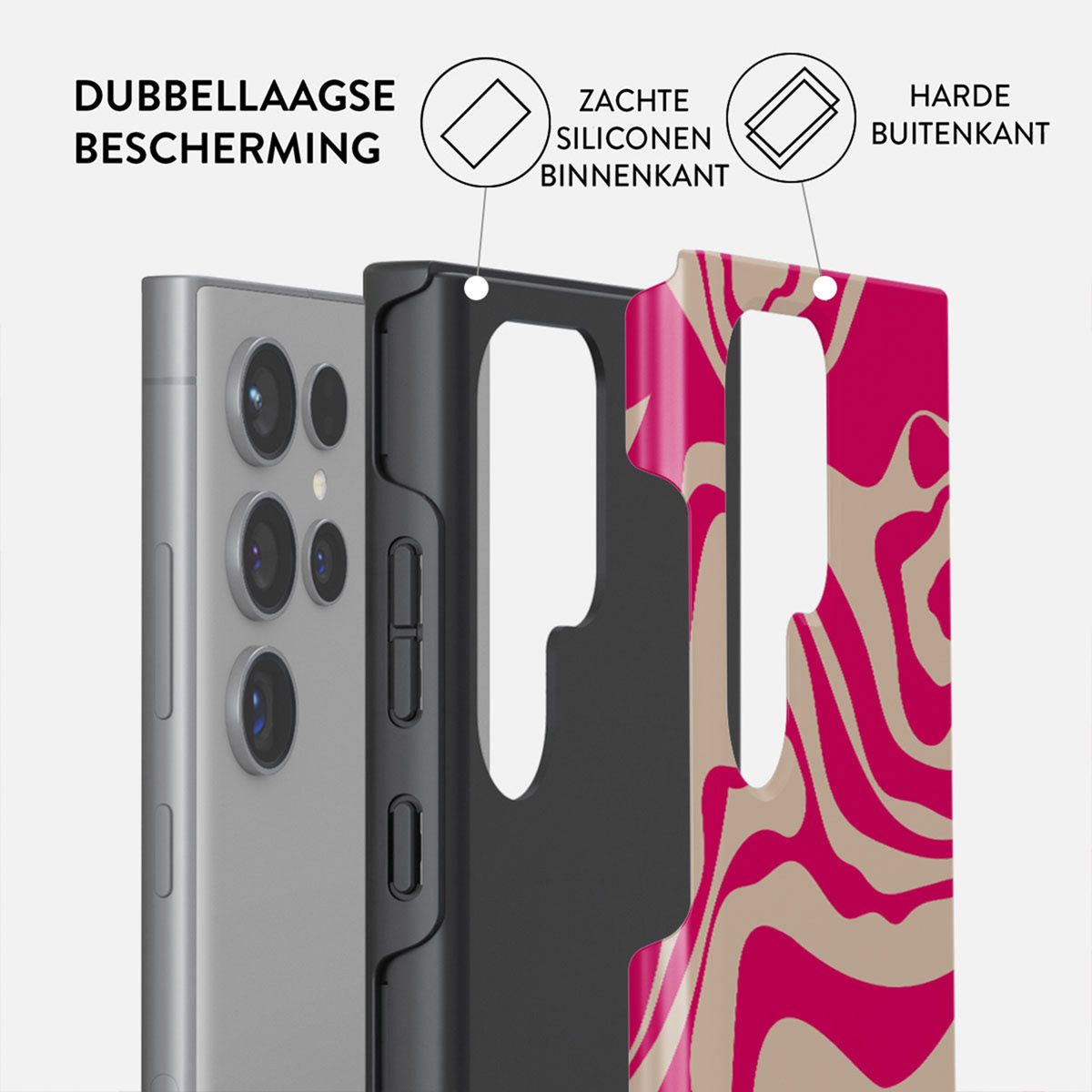 Een telefoon en een telefoonhoesje worden weergegeven. De hoes is gelaagd en toont een harde buitenlaag, een zachte binnenlaag en de telefoon zelf.
