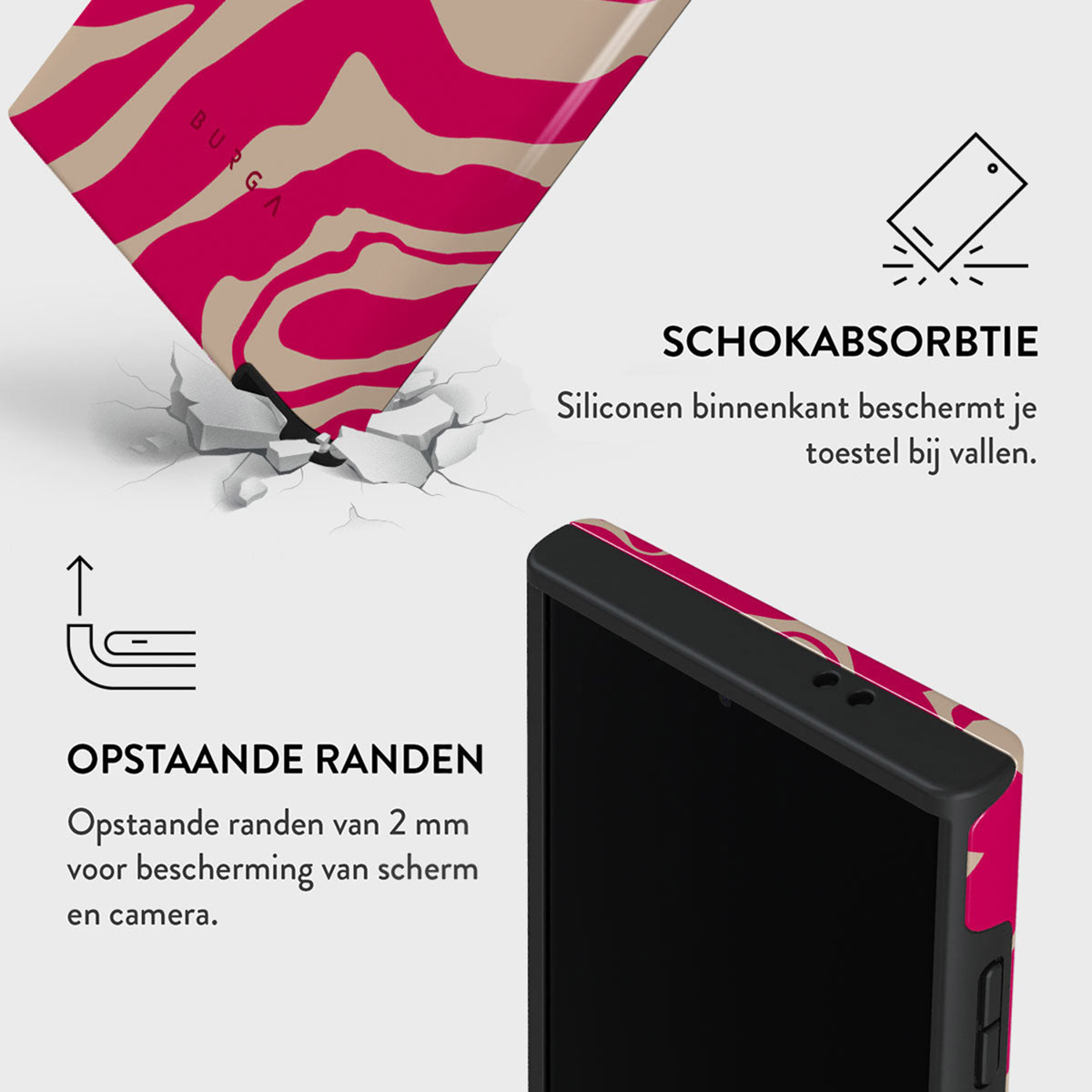 Telefoonhoesje met roze en beige patroon. Tekst zegt 'SCHOKABSORBTIE' en 'OPSTAANDE RANDEN'. Hoesje beschermt scherm en camera.