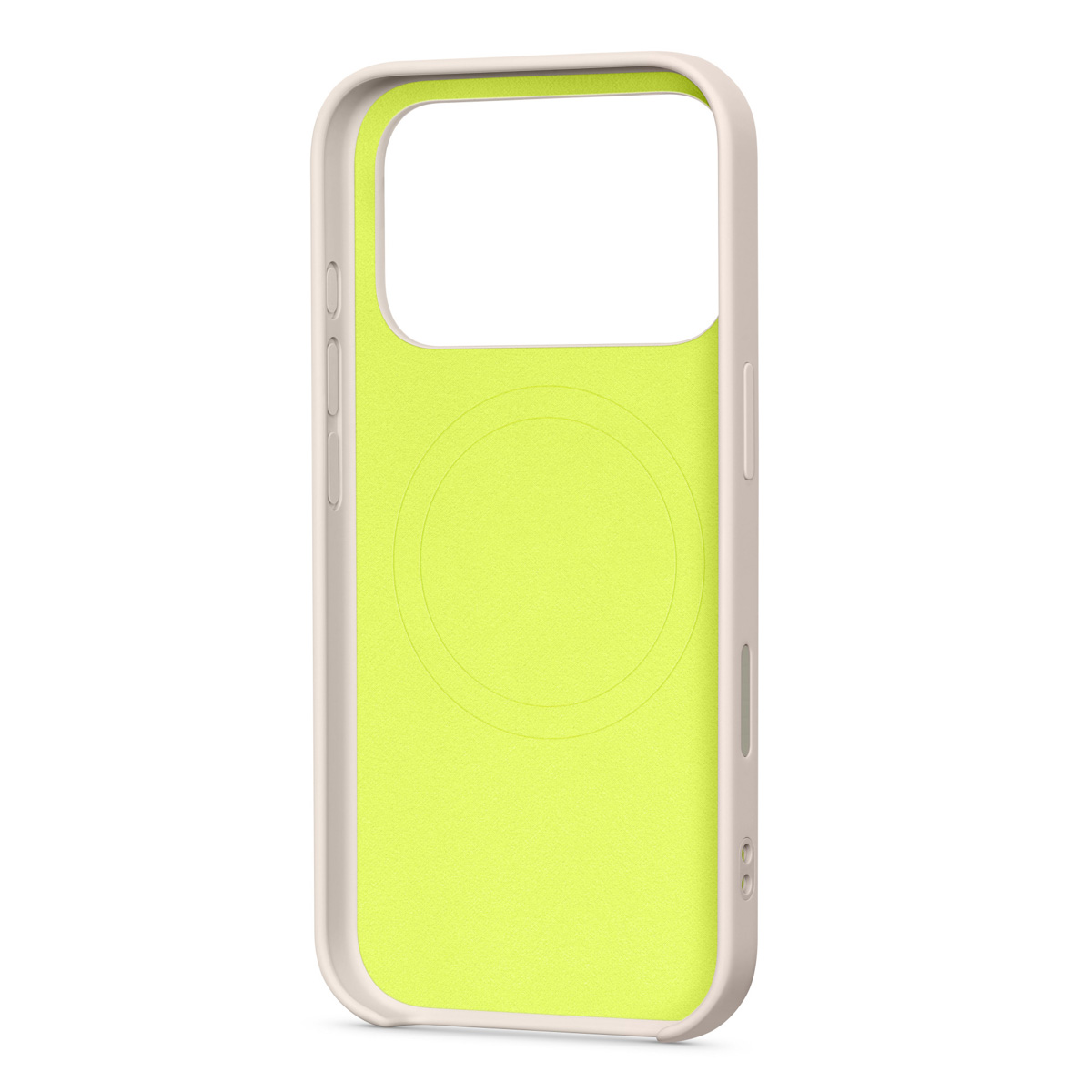 Se muestra una funda de teléfono. Tiene un marco beige y un interior amarillo brillante. El interior tiene un diseño circular.