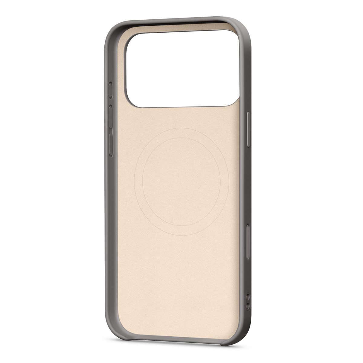 Etui na telefon z szarą ramką i beżowym wnętrzem. Etui ma otwory na aparat i przyciski.