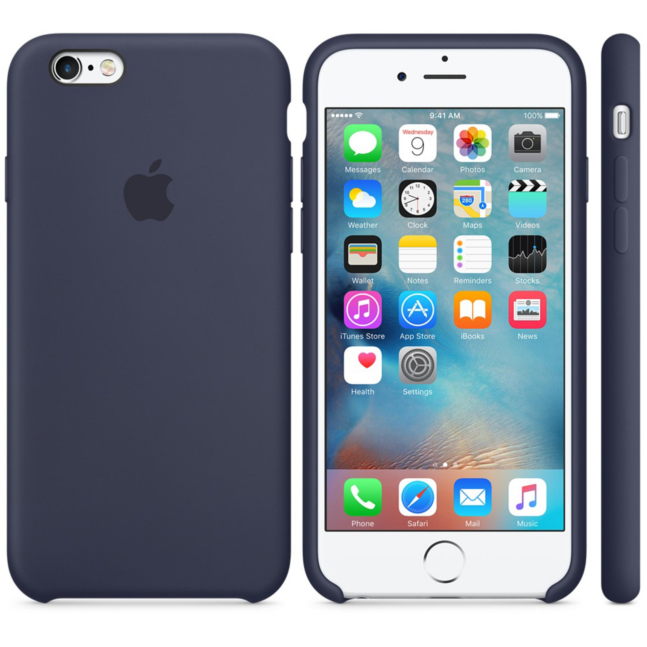 Ein iPhone mit dunkelblauer Hülle links. Der Bildschirm zeigt Apps.