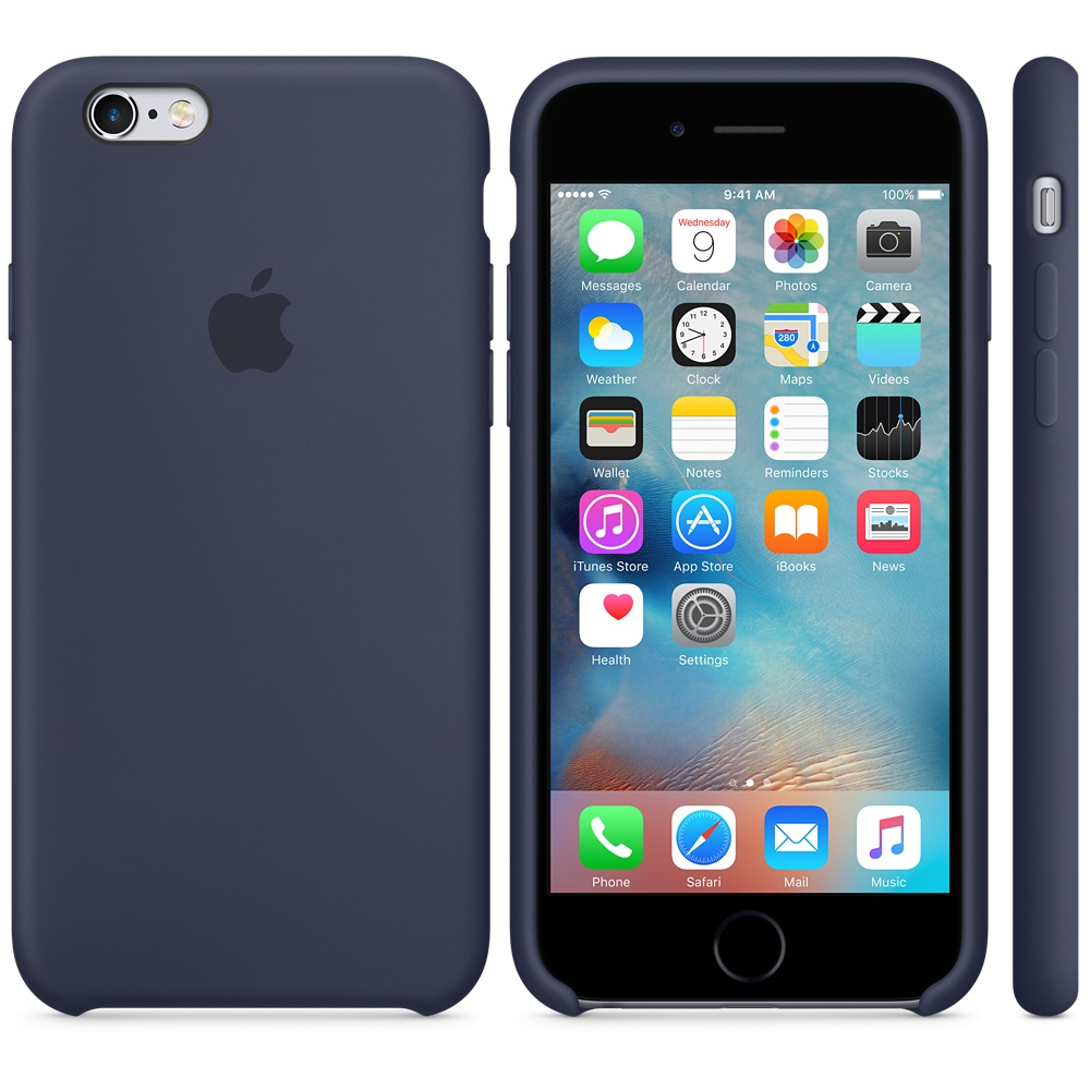 Navyblaues iPhone mit Hülle, das Apps auf dem Bildschirm zeigt. Hülle links, Seitenansicht rechts. Apple-Logo auf der Hülle.