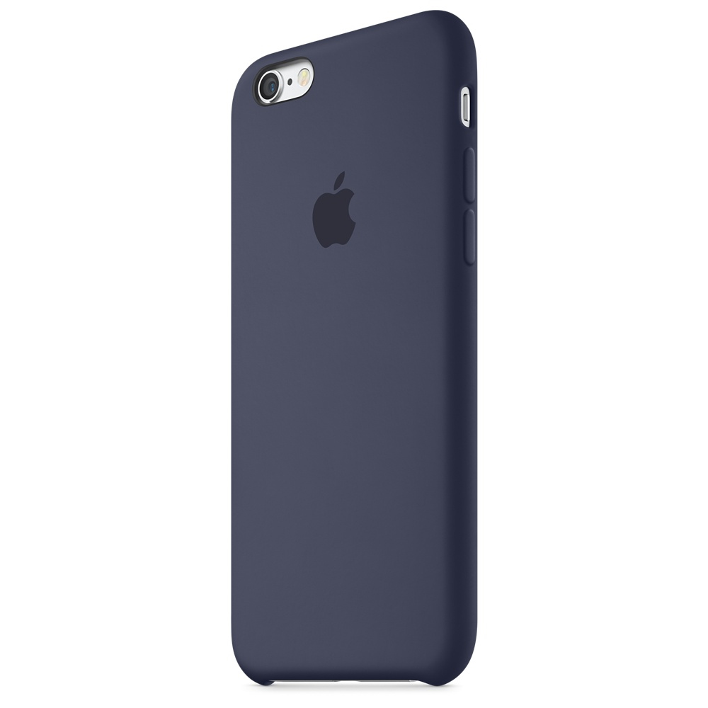 Eine dunkelblaue iPhone-Hülle. Das Apple-Logo ist sichtbar. Kamera und Knöpfe sind an der Seite.