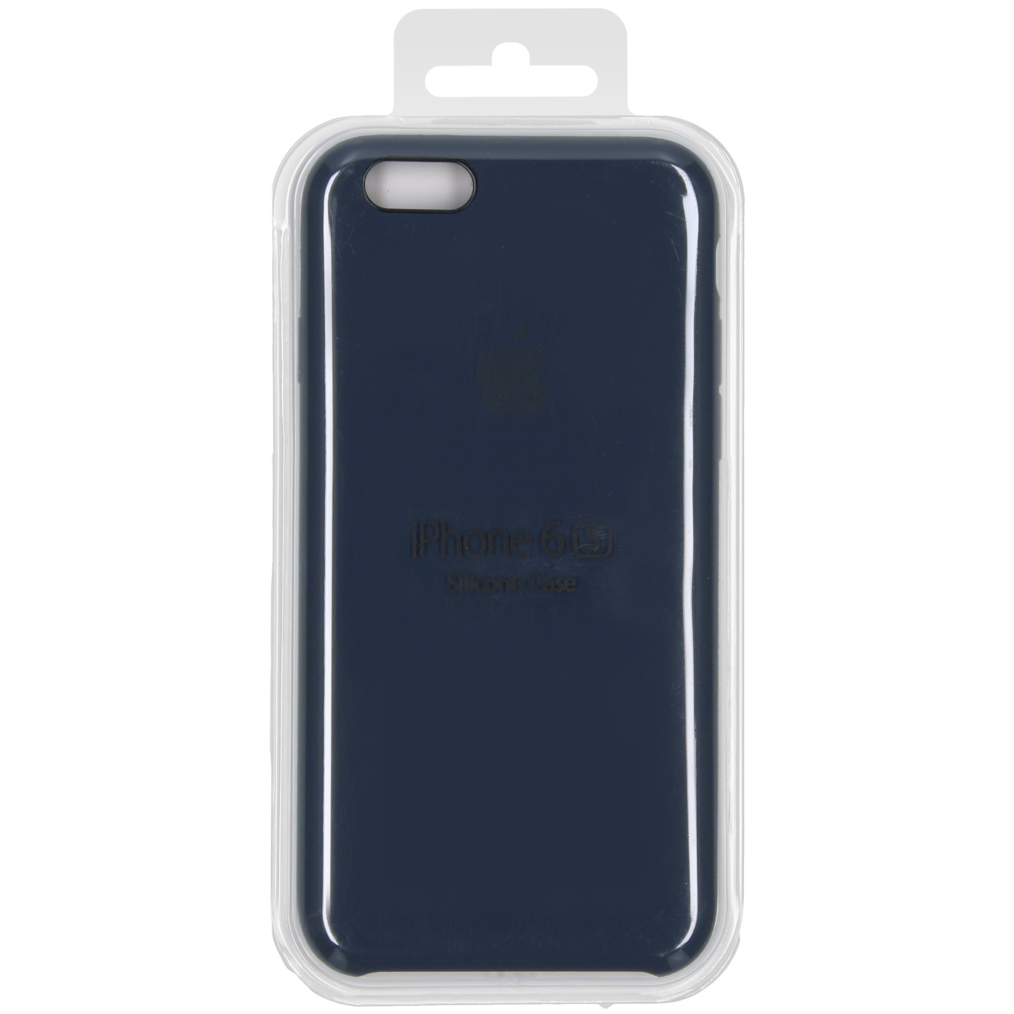 Eine dunkelblaue iPhone 6/6s Silikonhülle in einer transparenten Kunststoffverpackung mit weißem Aufhänger.