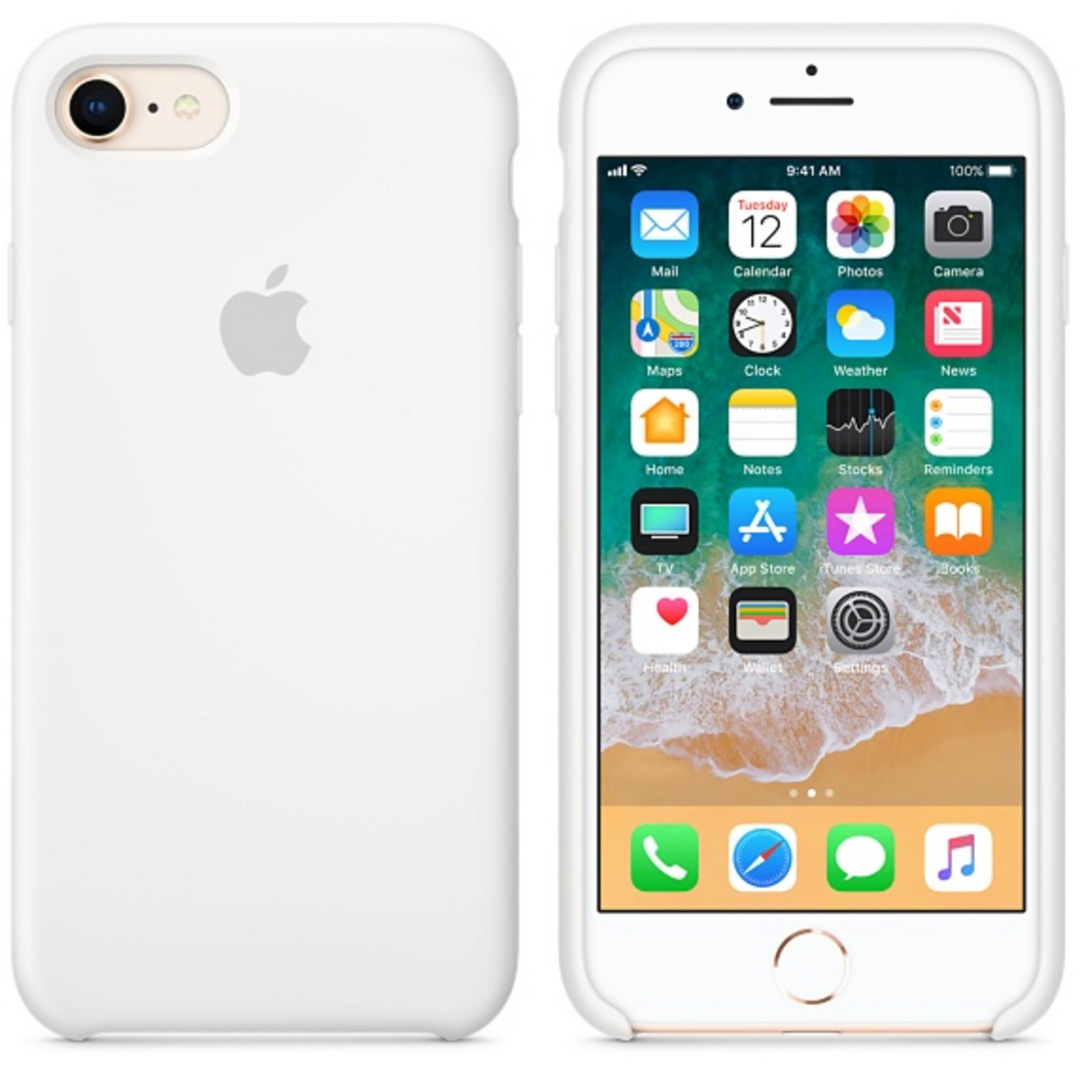 White iPhone in a white case. The screen displays apps. The Apple logo is on the back.