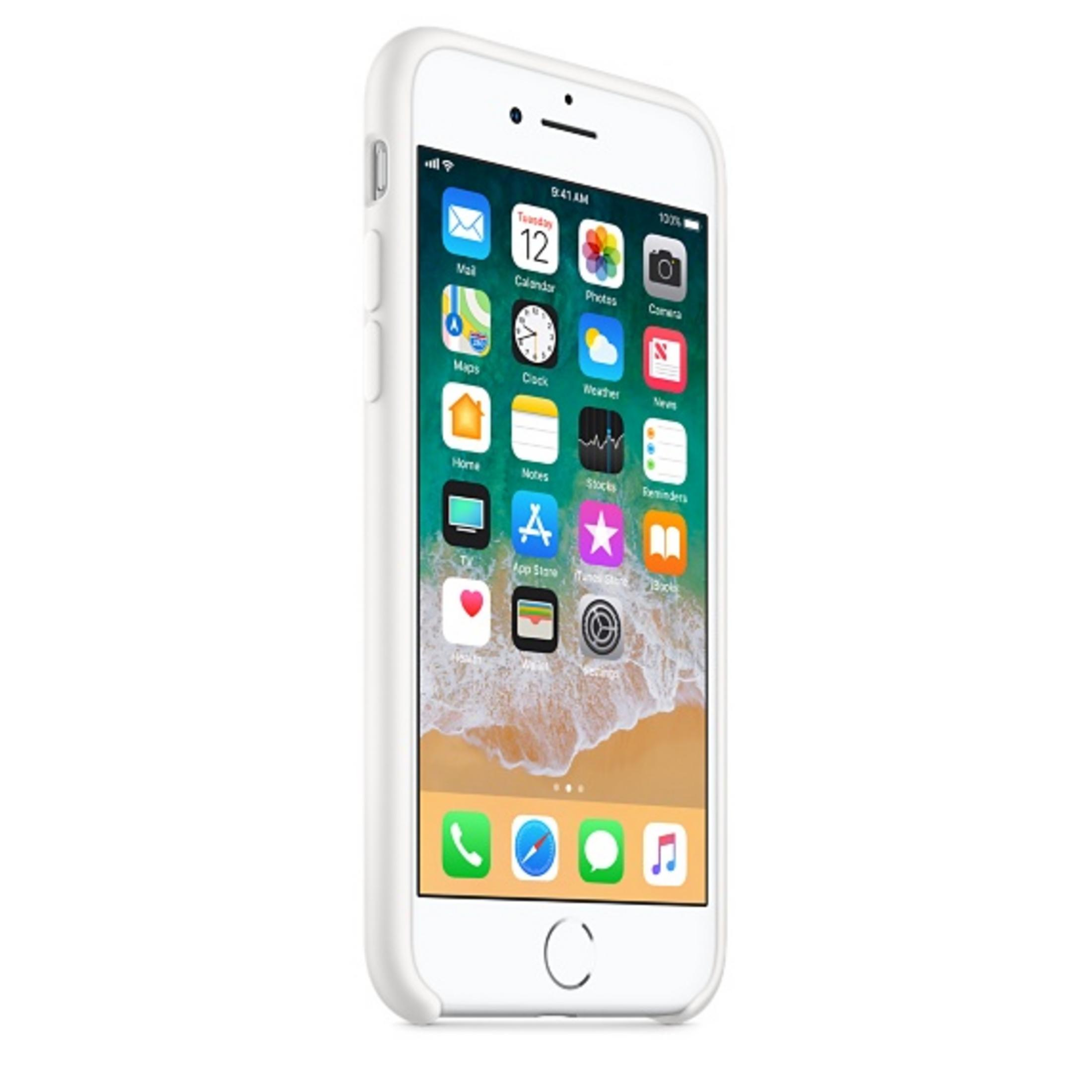 An iPhone with a white case displays app icons on its screen. The phone is angled slightly. The background is white.