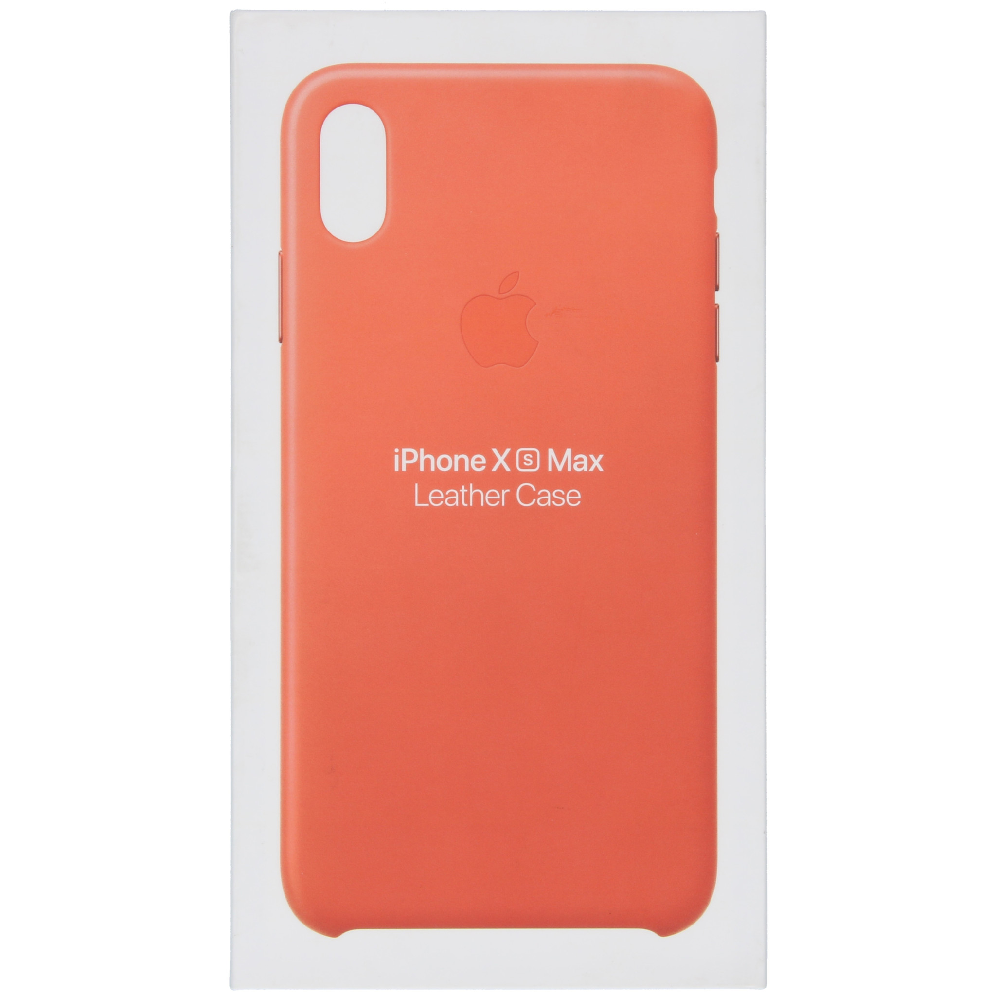 Oranje iPhone X Max lederen hoesje in doos. Apple logo en productdetails zichtbaar. Witte achtergrond.