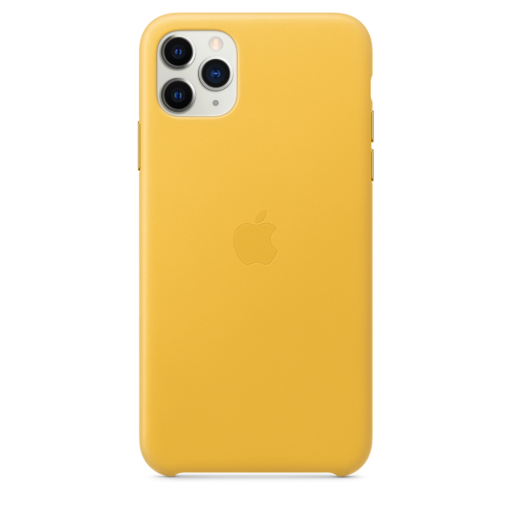 Gele iPhone 11 Pro case, met het Apple-logo. De case heeft een drievoudige cameralens en flitser. De case is mosterdkleurig.