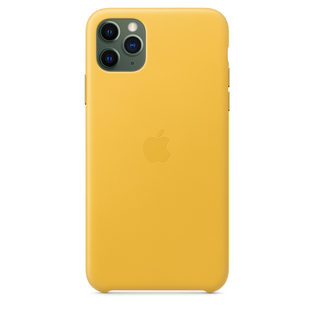 Een gele iPhone-hoes met het Apple-logo. Het heeft een drievoudige cameralens en knoppen aan de zijkant.
