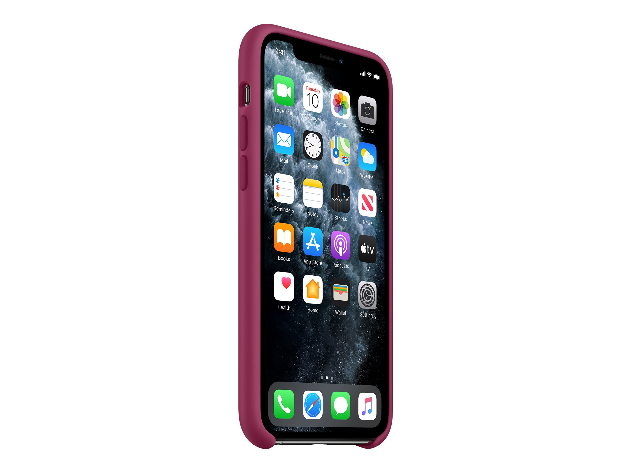 Een iPhone met een bordeauxrode hoes toont app-iconen op het scherm, waaronder de klok, agenda en camera.