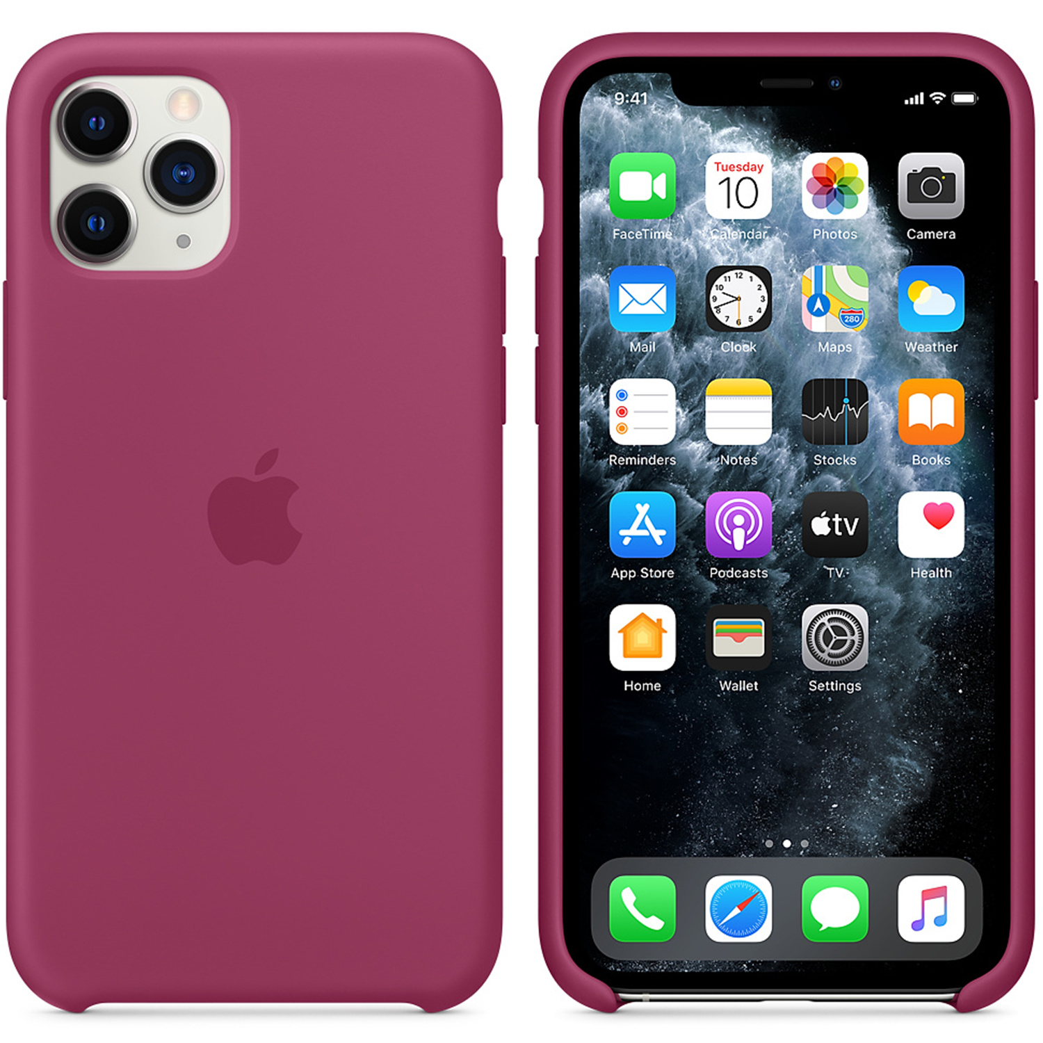 Een iPhone 11 in een magenta hoesje. Het scherm toont app-iconen. Aan de achterkant is een drievoudige lenscamera te zien.
