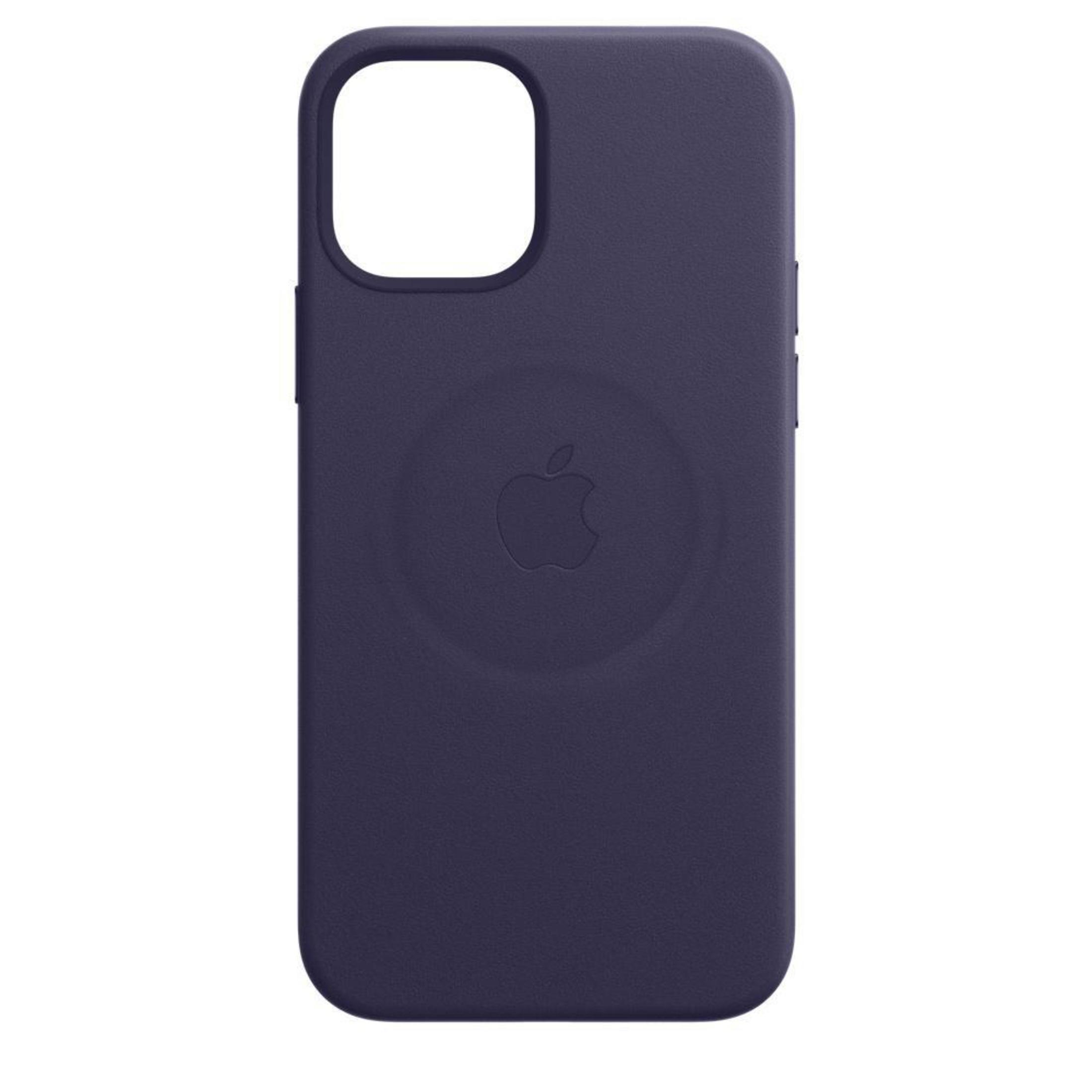 A dark purple phone case. It has a camera cutout, buttons on the side, and an embossed Apple logo in the center.