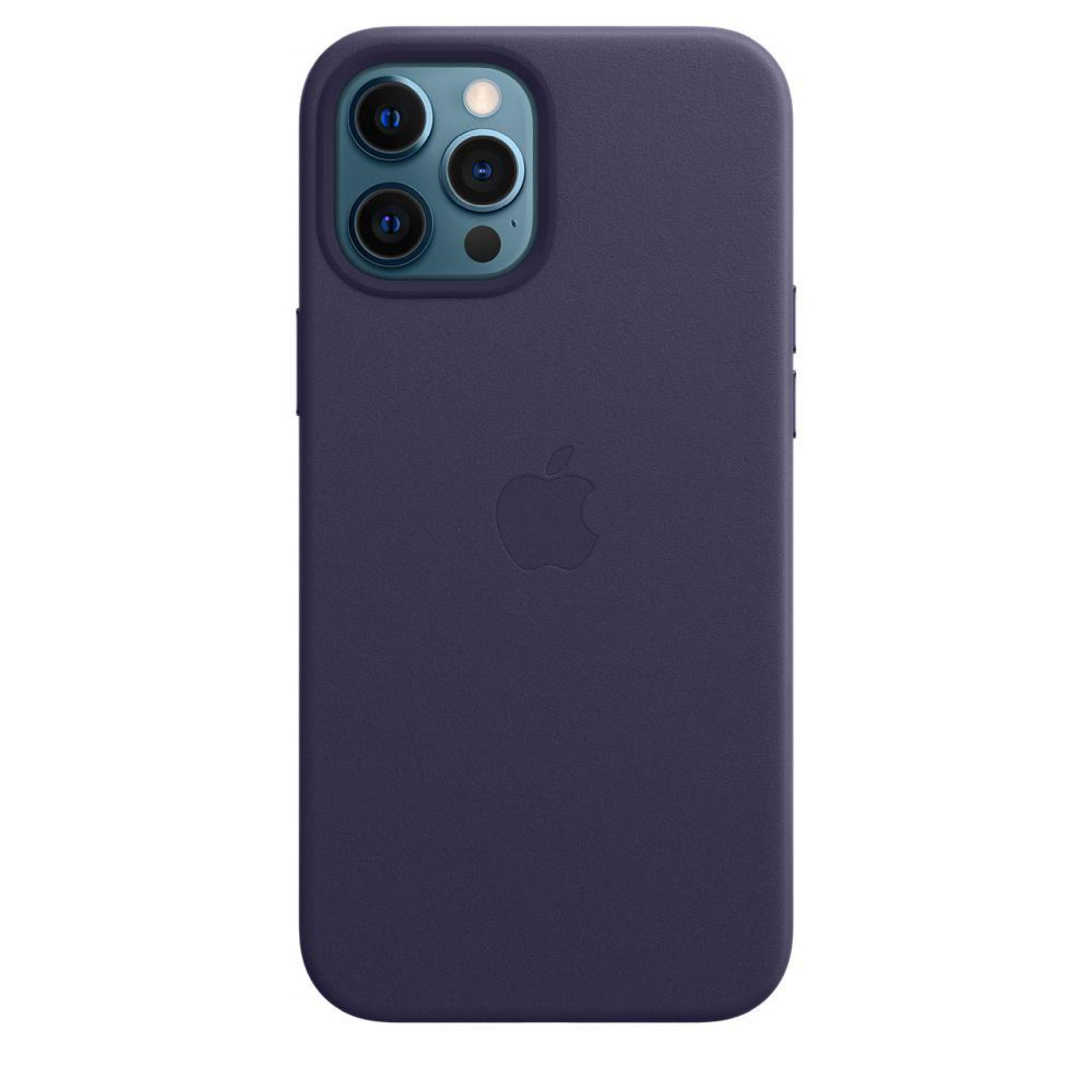 A dark purple iPhone case. It has the Apple logo and a camera module with three lenses.