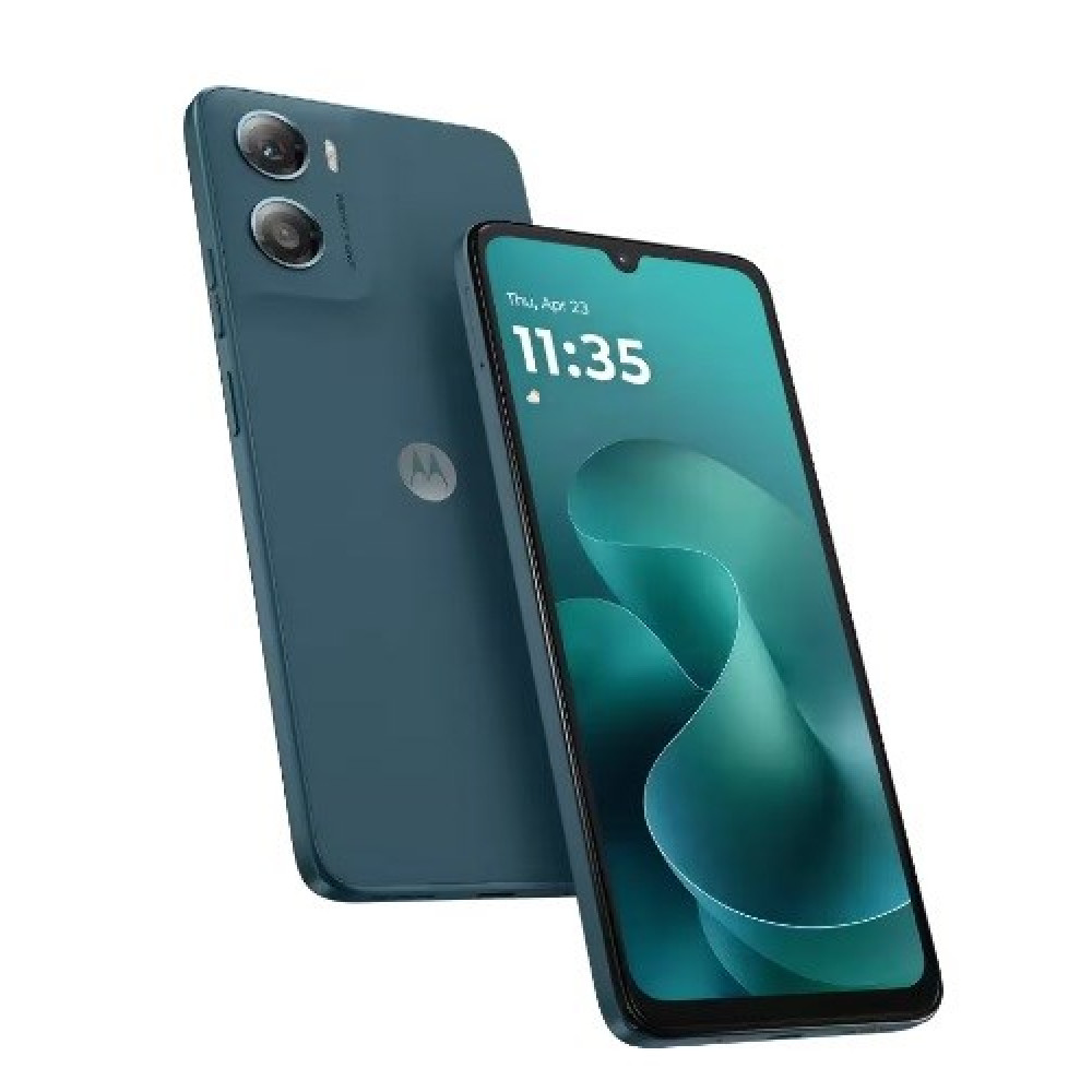 Due smartphone verde acqua. Uno mostra uno sfondo verde astratto con l'ora. L'altro ha doppia fotocamera e logo Motorola.