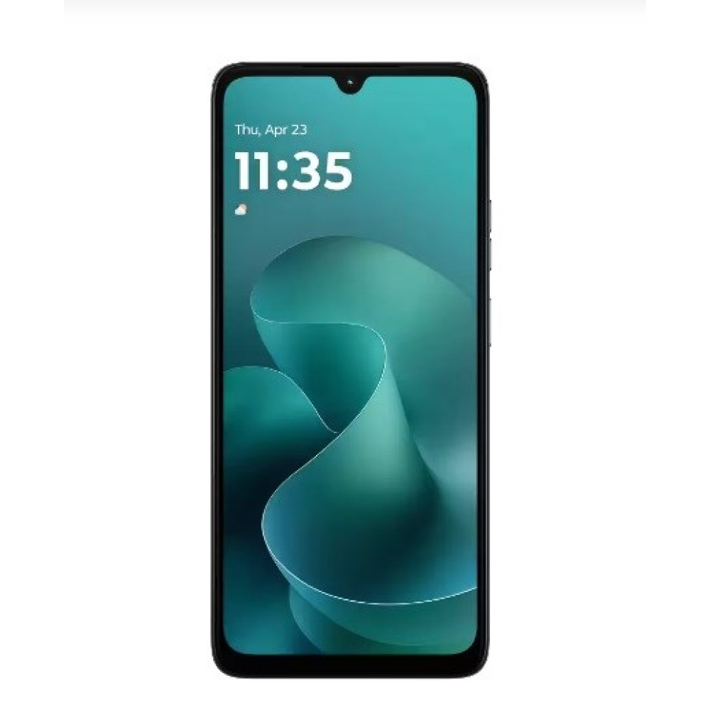 Uno smartphone mostra le 11:35 del 23 aprile. Lo schermo ha un design verde astratto e un bordo nero.