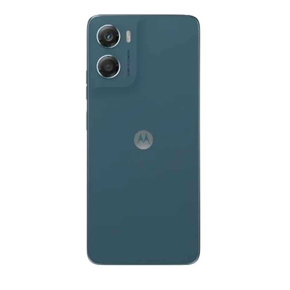 Vista posteriore di uno smartphone verde acqua. Ha una fotocamera a doppia lente, un logo Motorola e pulsanti laterali.
