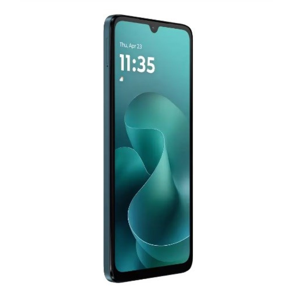 Uno smartphone con schermo verde acqua che mostra ora, data e design astratto verde acqua. Il telefono è verde acqua scuro.