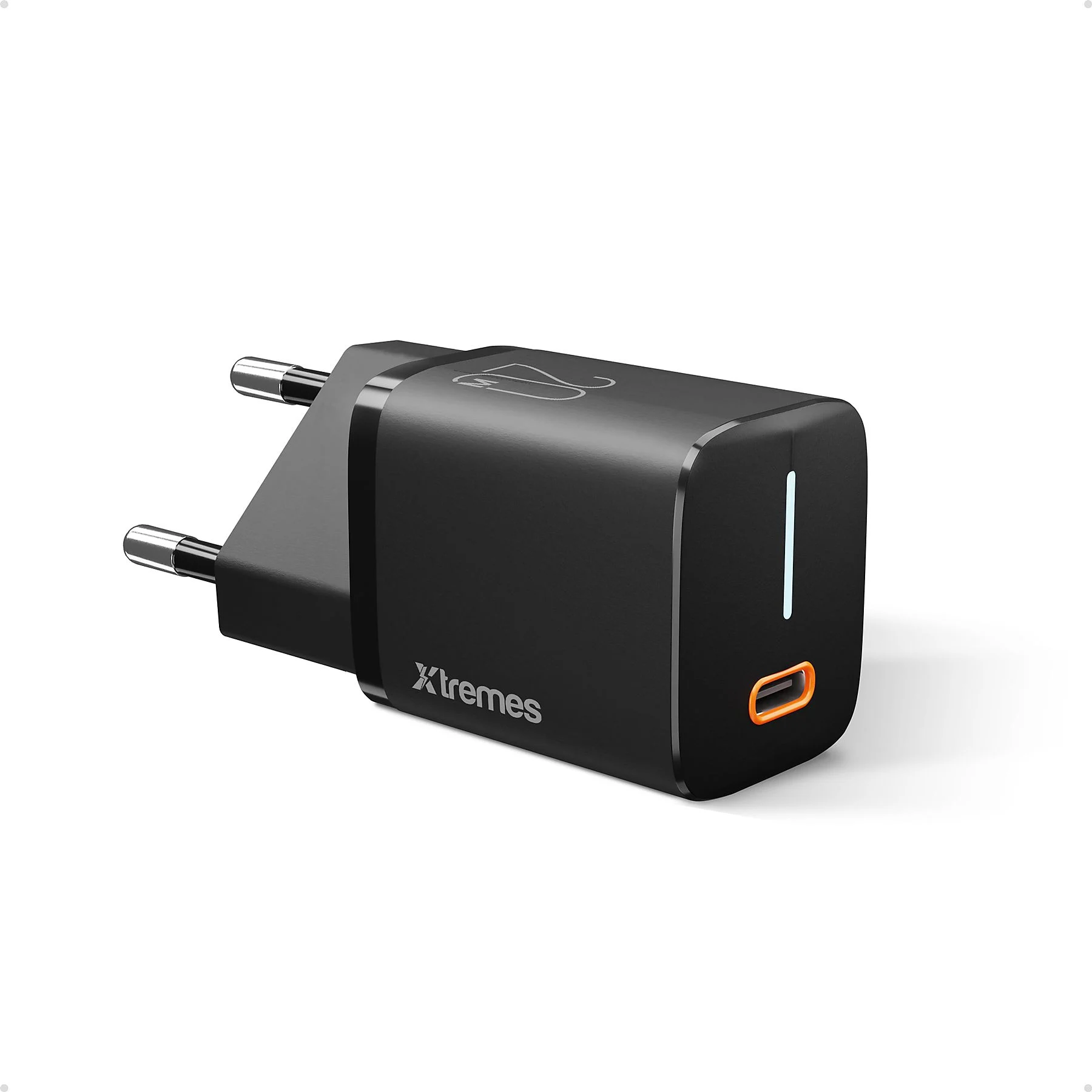 Ein schwarzes Xtremes-Ladegerät mit silbernen Stiften. Es hat eine Betriebsanzeige und einen orangefarbenen Ladeanschluss.