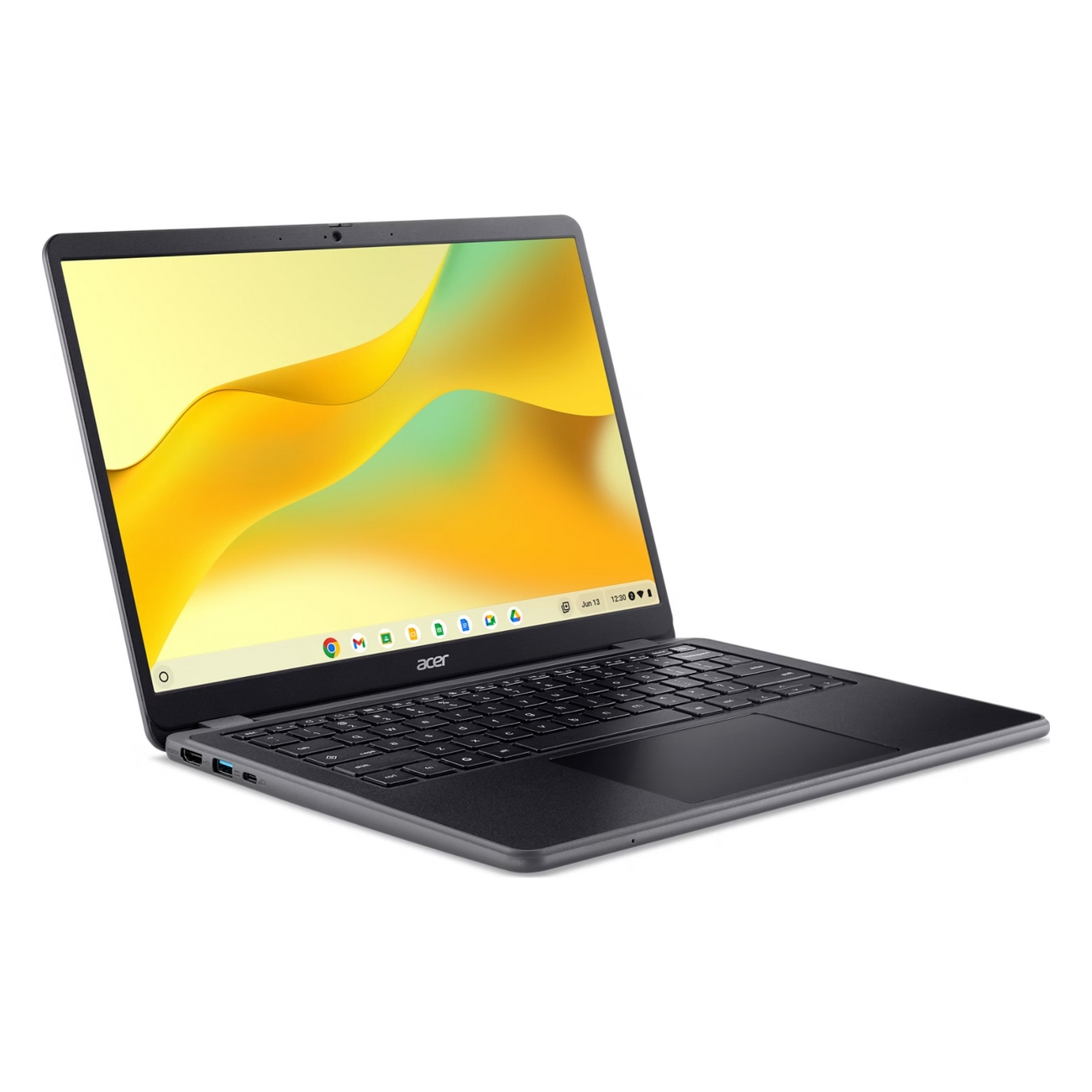 Un laptop Acer Chromebook aperto. Lo schermo mostra un design astratto giallo e verde. Tastiera e touchpad visibili, su sfondo bianco.