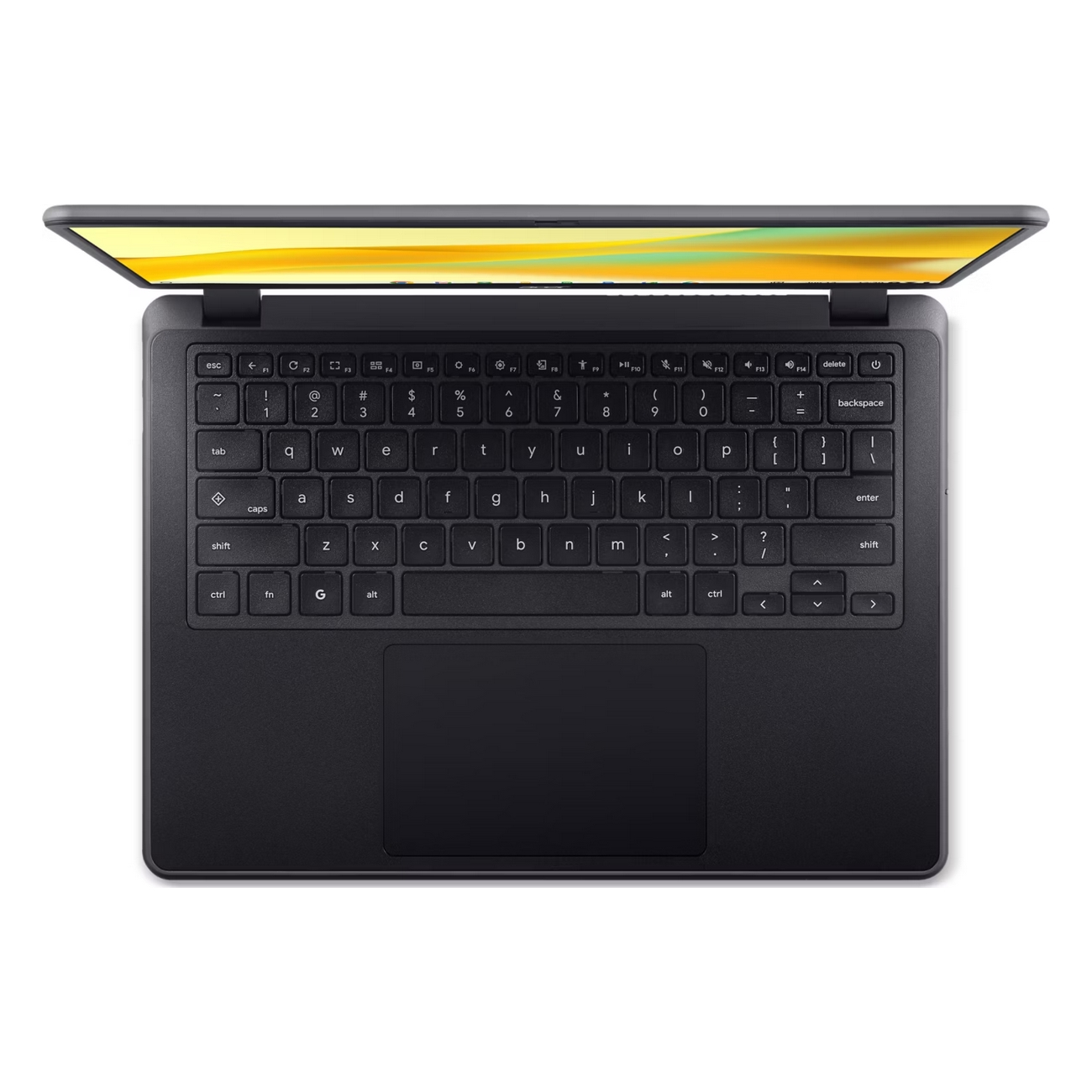 Laptop nero, aperto, mostra tastiera e schermo. La tastiera ha tasti bianchi. Lo schermo è giallo e verde.