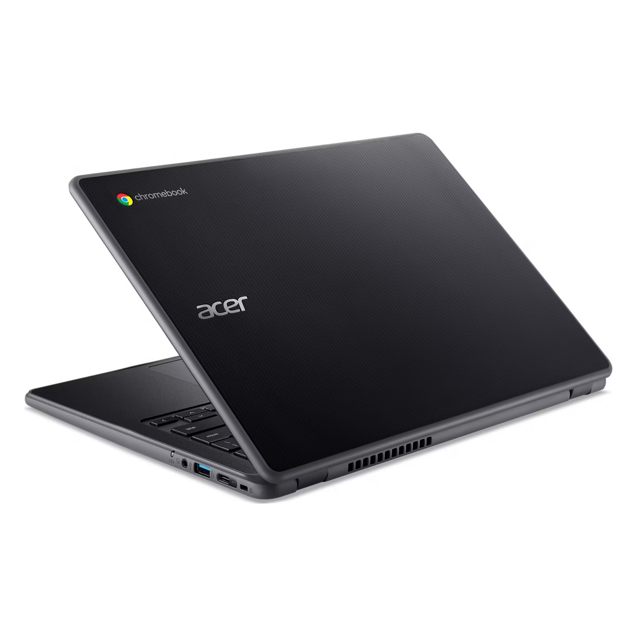 Laptop Acer Chromebook nero leggermente aperto. Il logo Chromebook è visibile, così come il logo Acer. È su sfondo bianco.