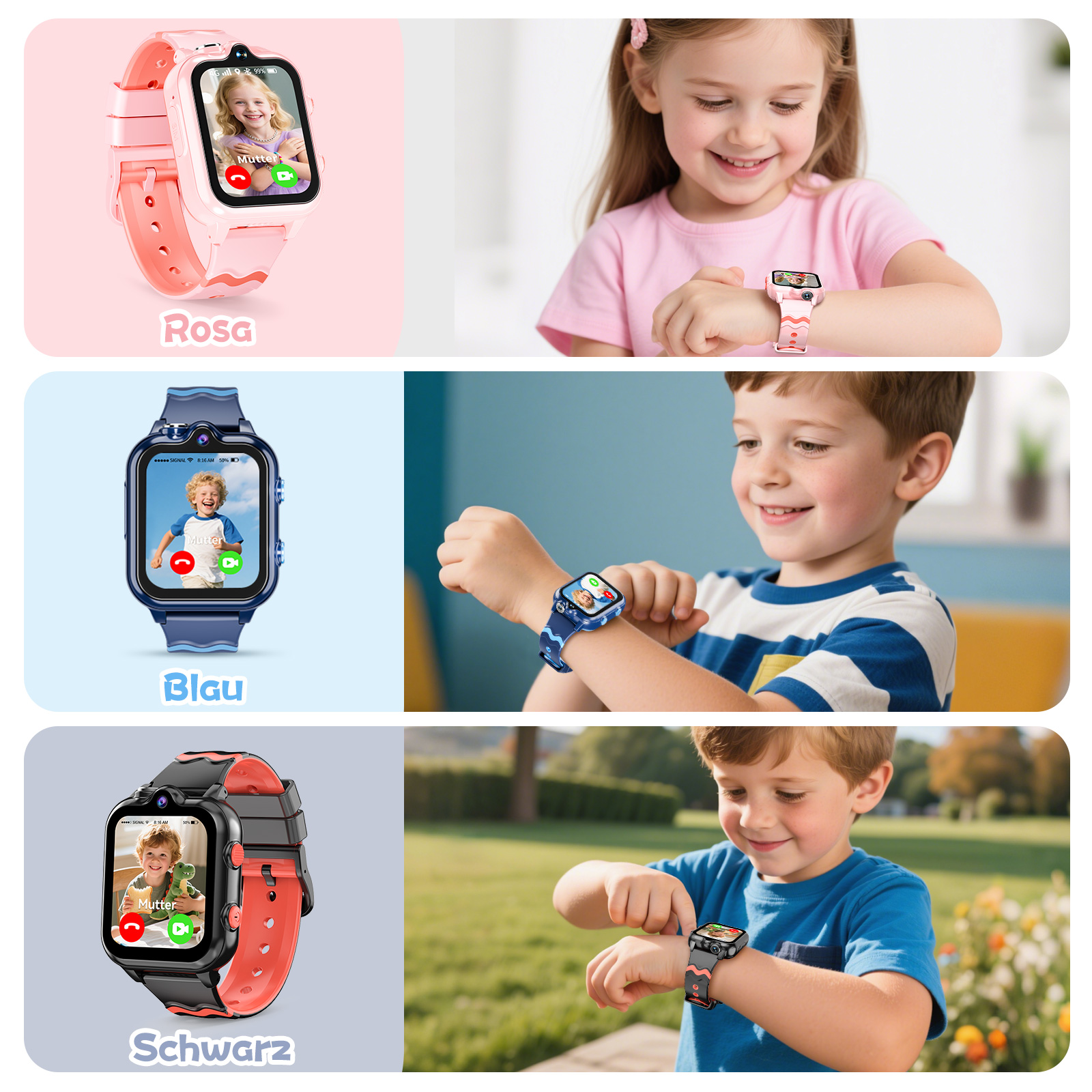 Das Bild zeigt drei Smartwatches in Rosa, Blau und Schwarz, jeweils am Handgelenk eines Kindes. Die Uhr zeigt einen Videoanruf.