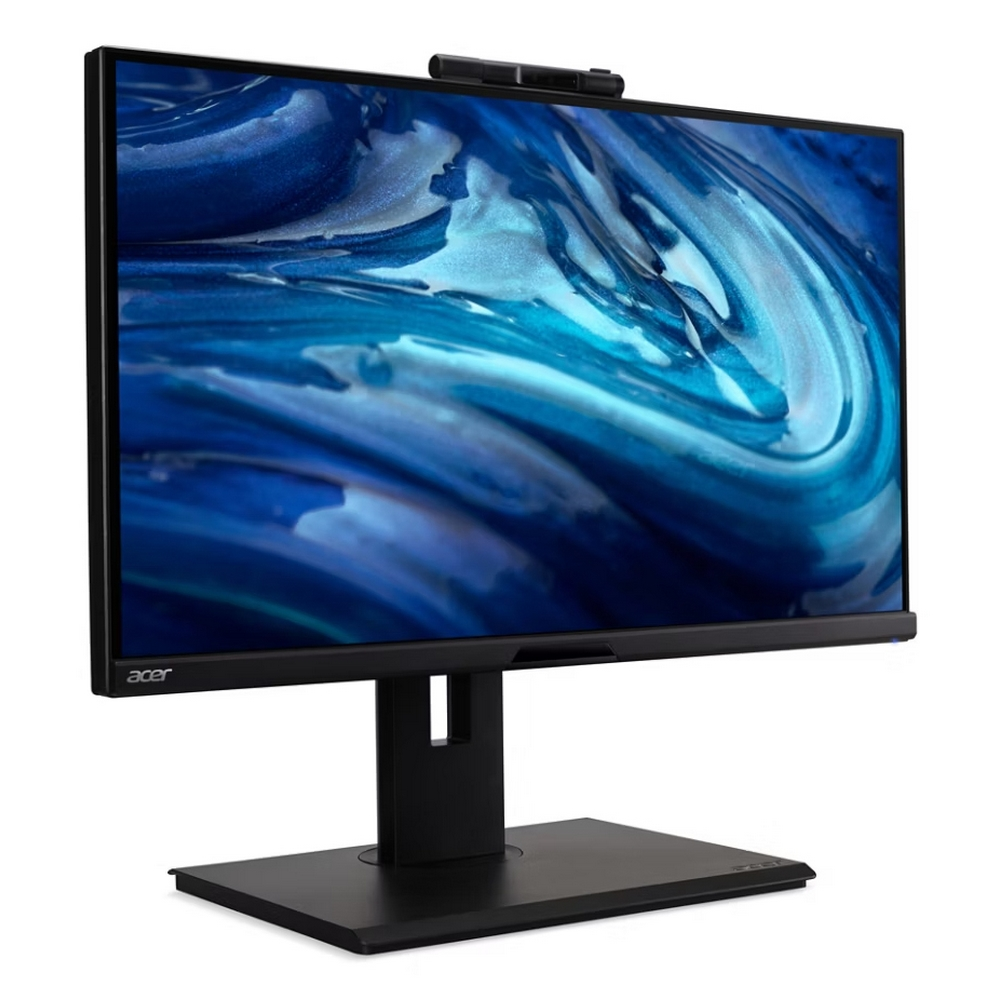 A black Acer monitor with a webcam on top. The screen displays a blue, swirling abstract pattern. The monitor sits on a black stand.