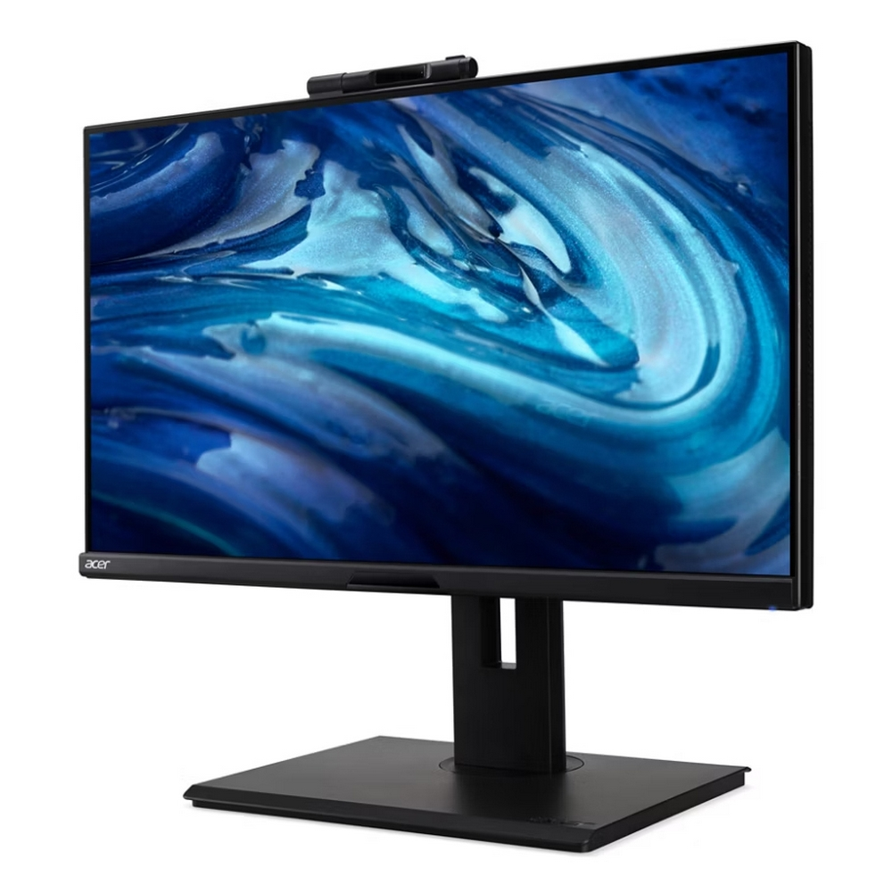 A computer monitor with a swirling blue and white pattern on the screen. It has a black stand and a webcam on top.