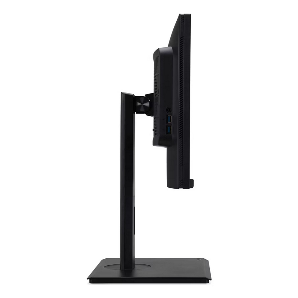 A side view of a black computer monitor. The monitor is mounted on a black stand. The background is white.