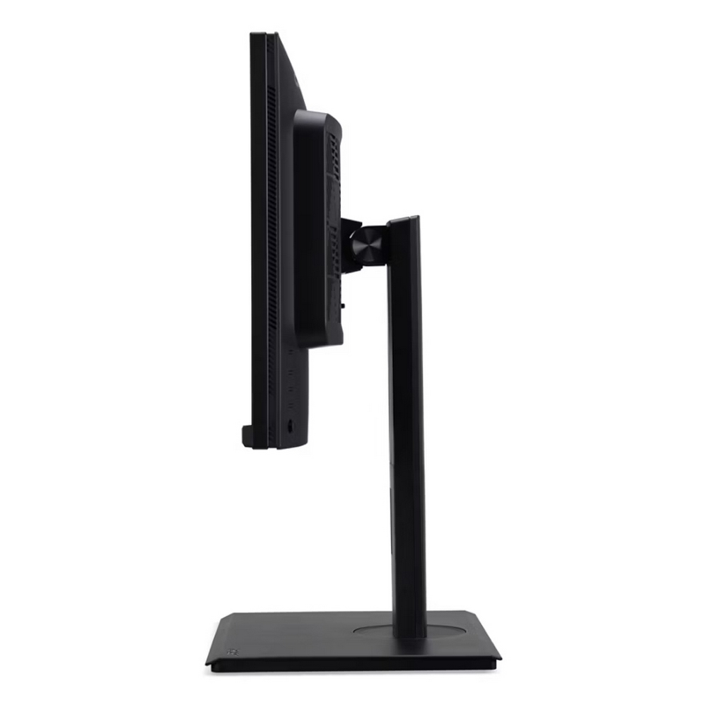 A side view of a black computer monitor. The screen is thin, with a stand. The stand is also black and square.